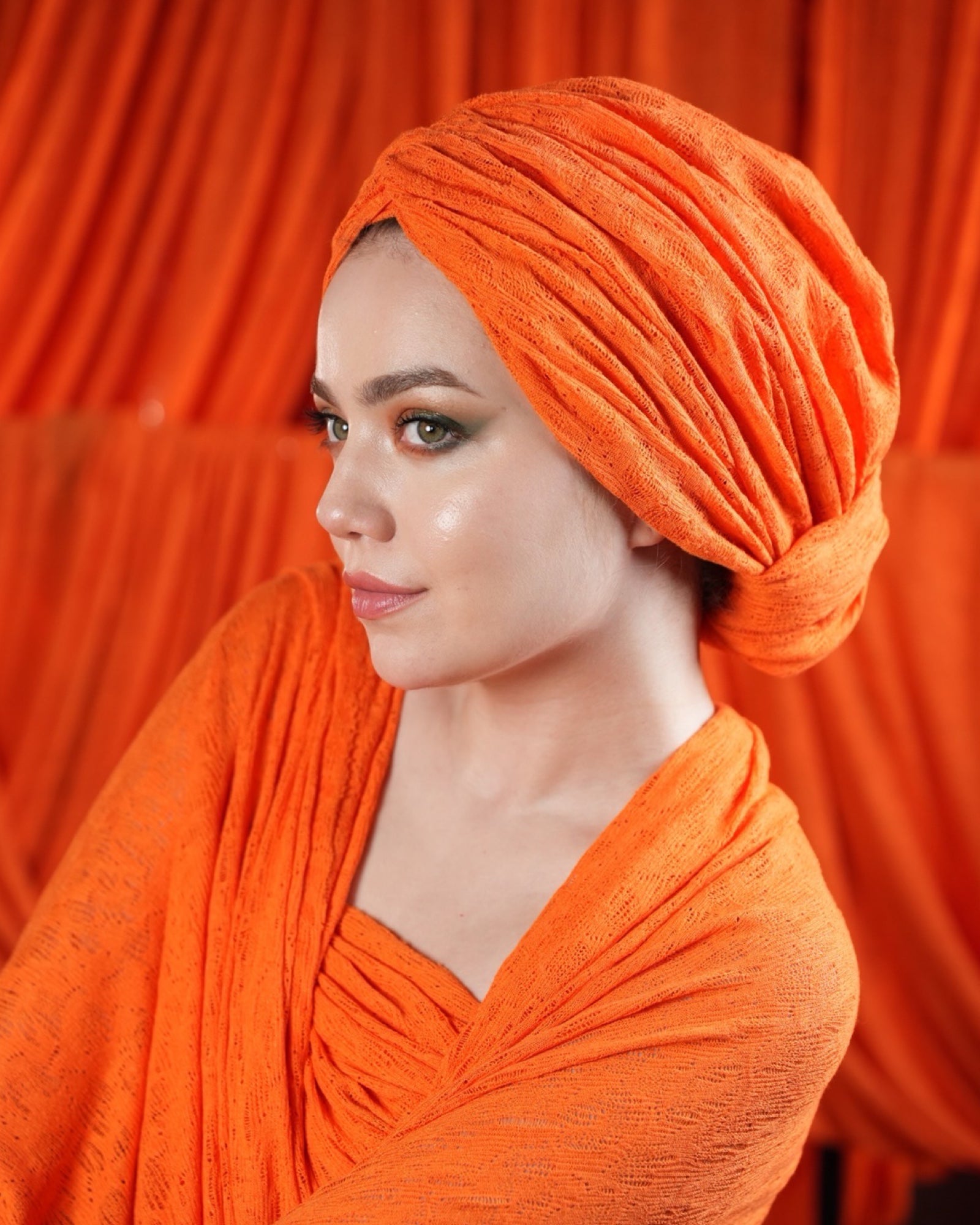 Beyrut Knitty Bone - Esnek Triko Kumaş - Kullanıma Hazır Bone - Turuncu-Yeşil Renkli - BitterColors