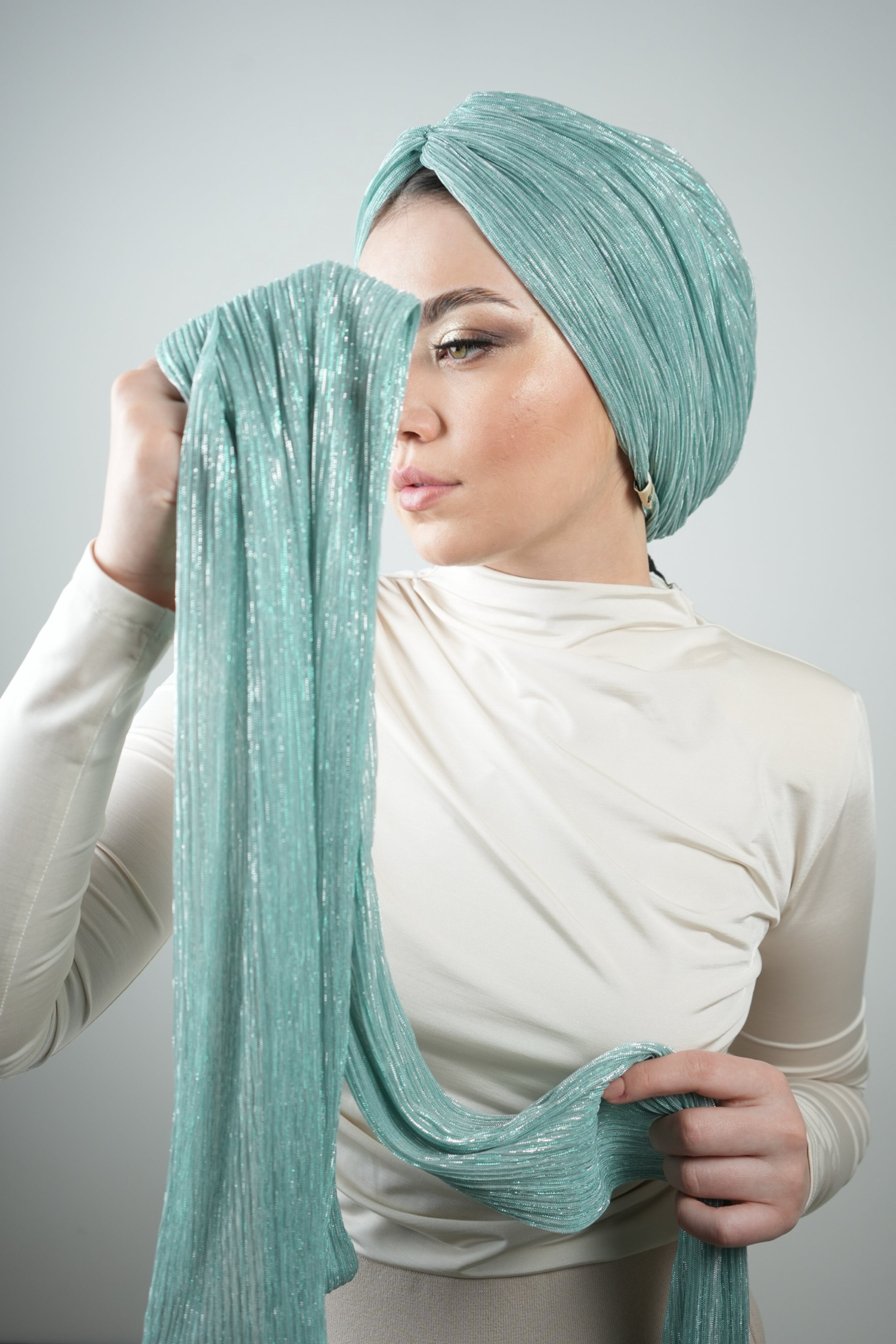 Glitter - Pırıltılı Fular - Kombinlenebilir - Hafif Esnek Kumaş - Su Yeşili - BitterColors