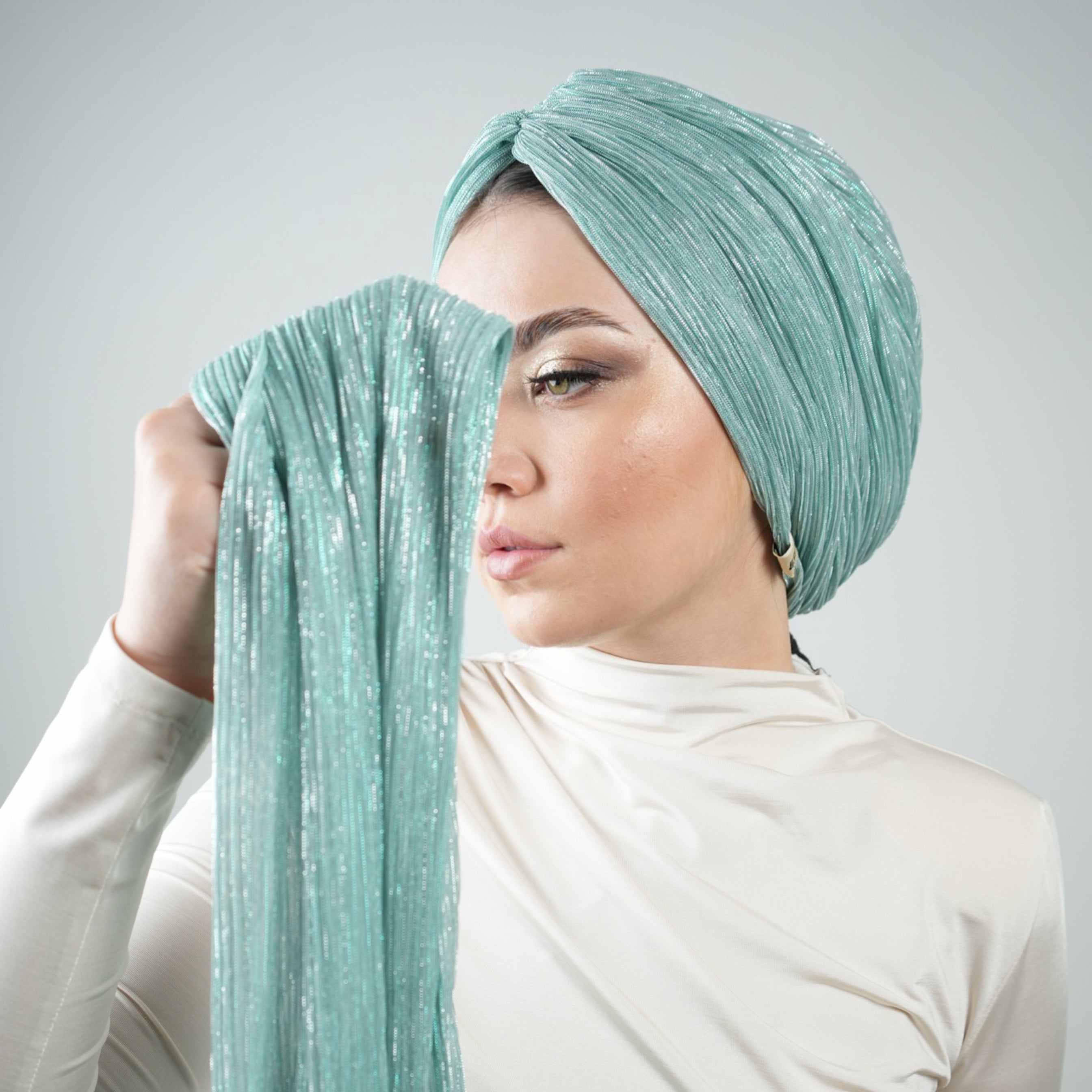 Glitter - Pırıltılı Fular - Kombinlenebilir - Hafif Esnek Kumaş - Su Yeşili - BitterColors