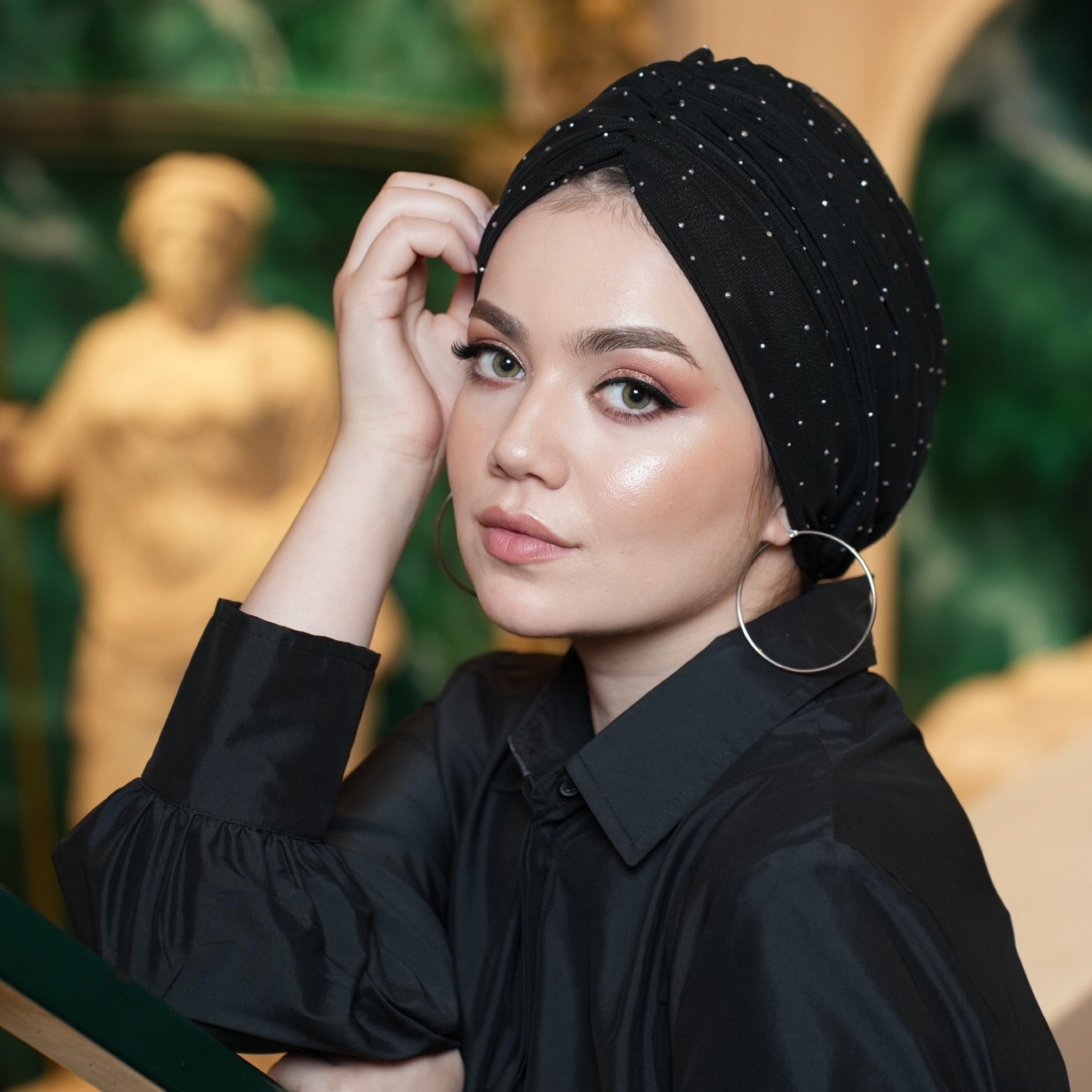 Taşlı Tül Bone - Esnek Kumaş - Siyah Renk - BitterColors