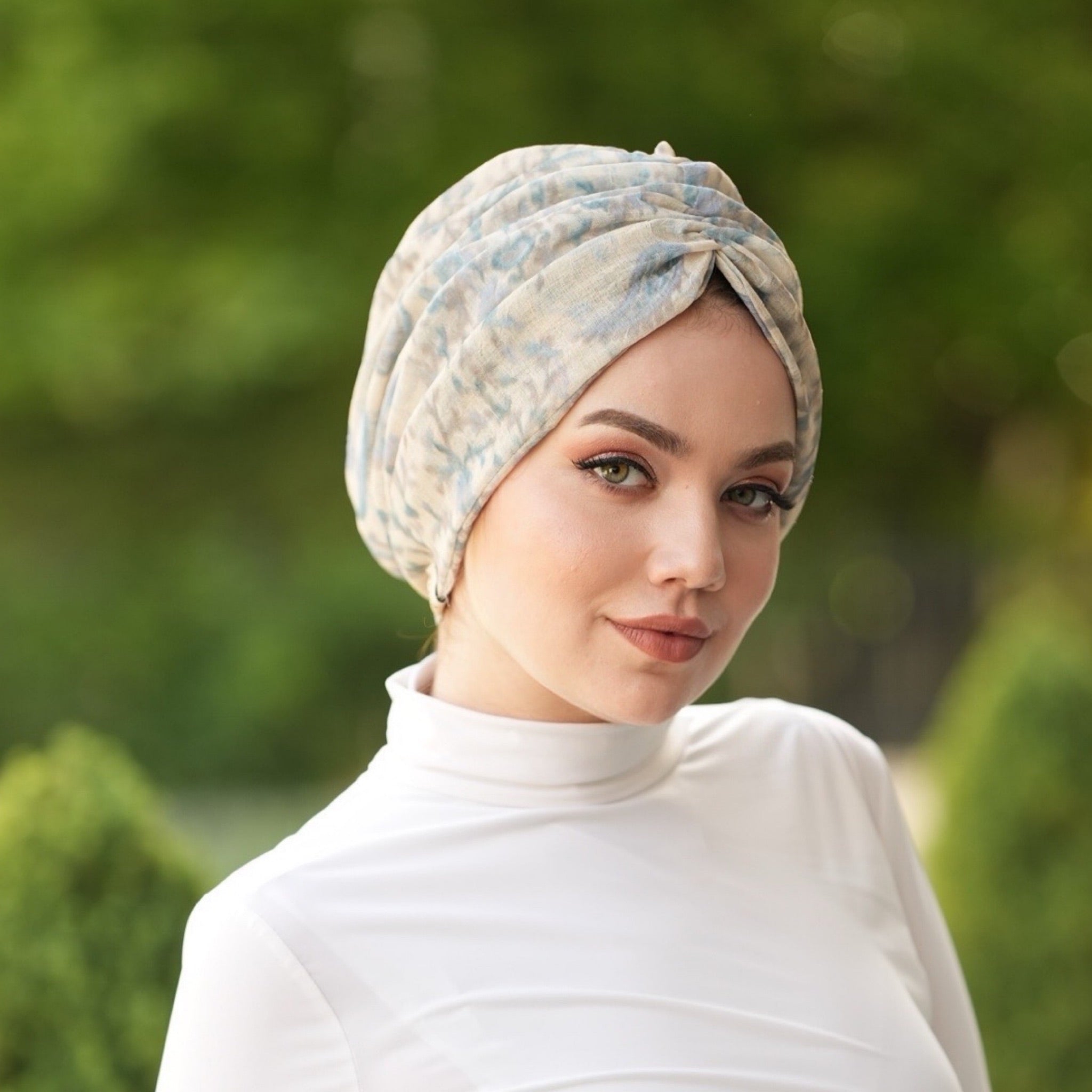 Bitter Keten Yeşil Renkli Bone - Büzgülü - Keten Kumaş - BitterColors