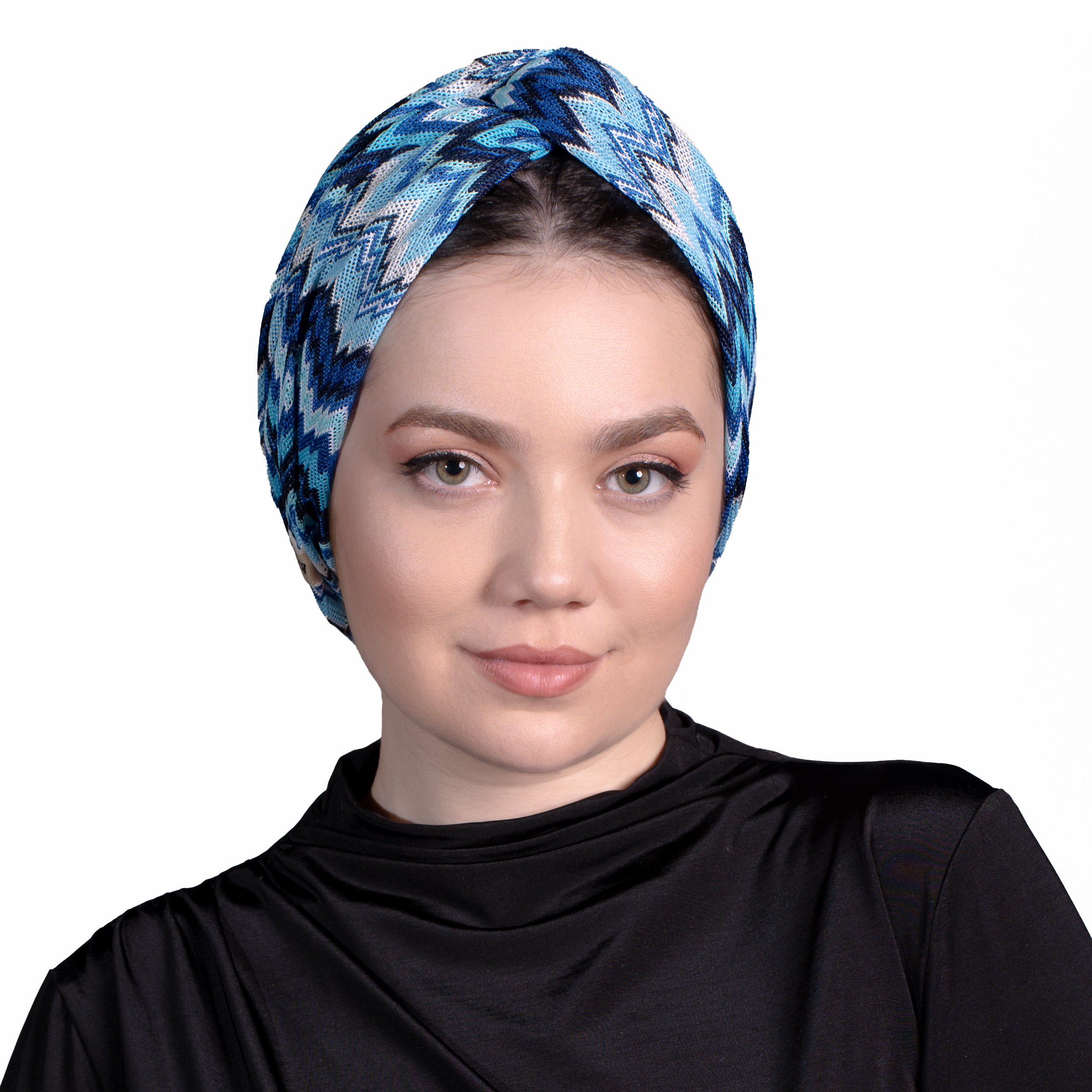 ZikZak Desenli Burgulu Bone - Esnek Triko Kumaş - Çok Renkli - Twisted Zigzag Blue Bone - BitterColors