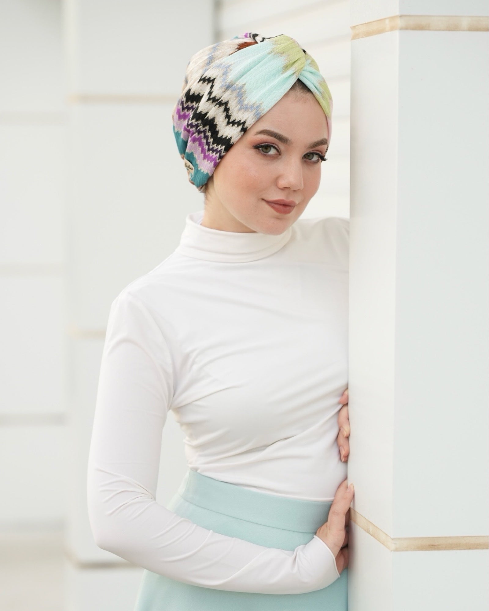 Twisted Summer Bone - Burgulu - Zikzak Desenli - Turkuaz, Lila Renkli - Triko Kumaş - BitterColors