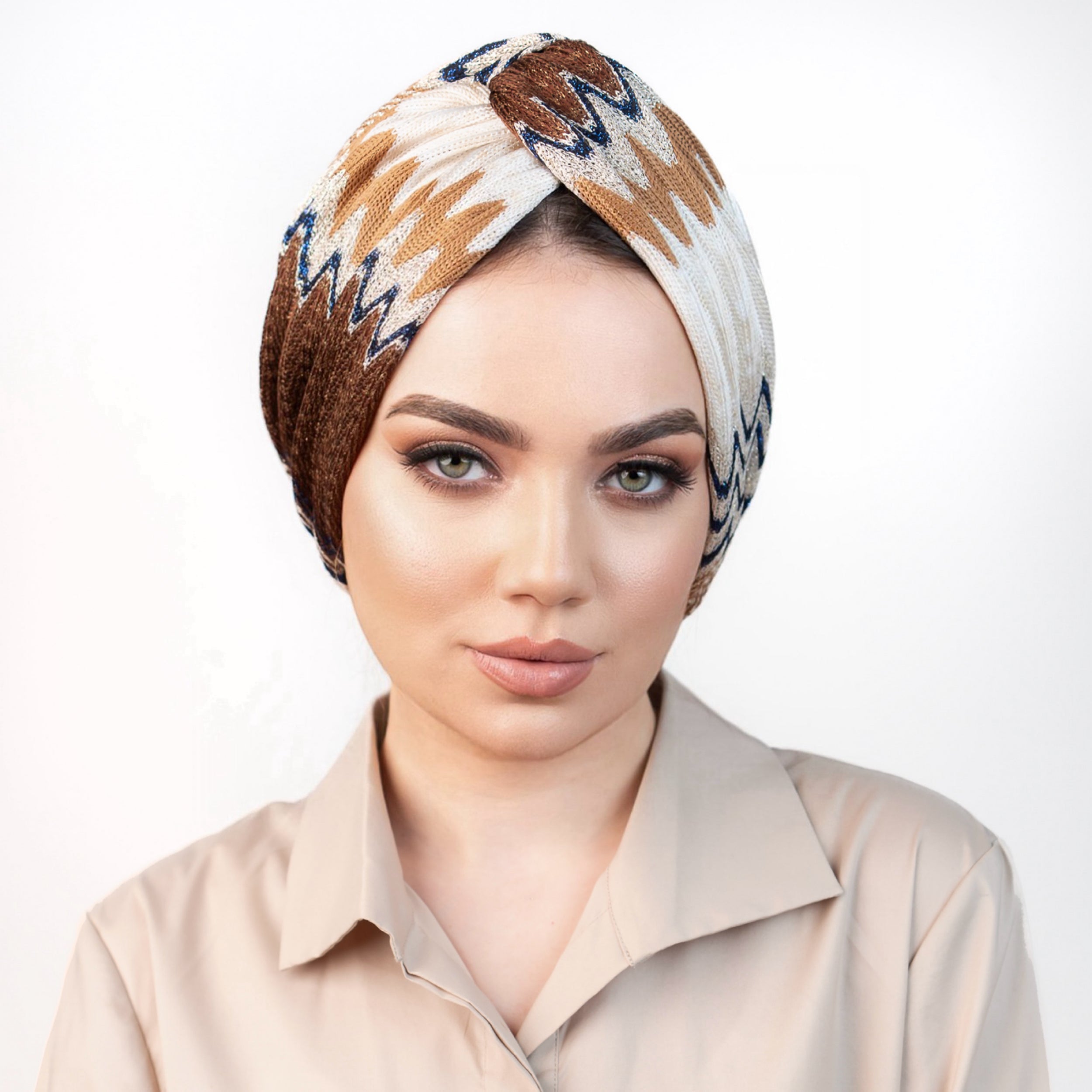 ZikZak Desenli Burgulu Bone - Örme/Triko Kumaş - Zigzag Navy Brown Bone - BitterColors