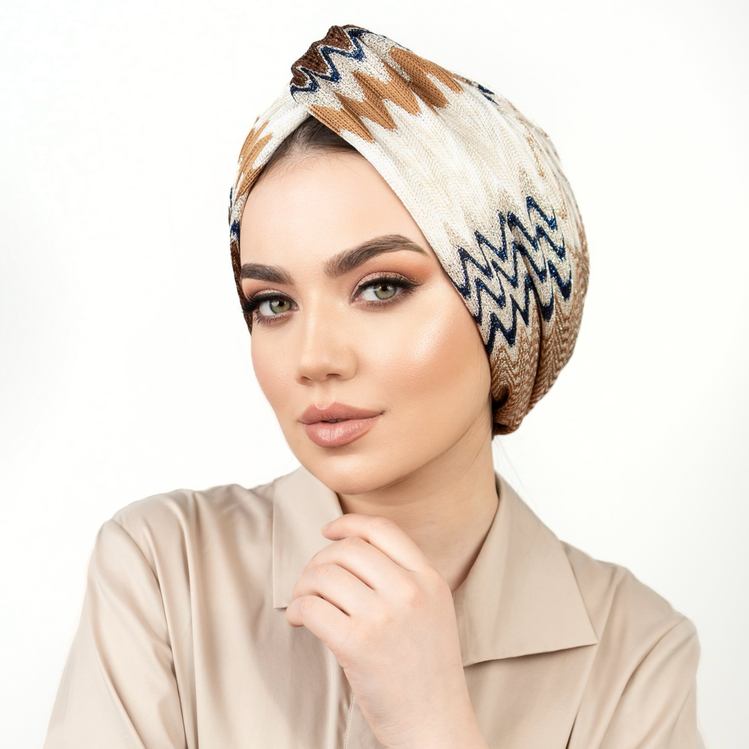 ZikZak Desenli Burgulu Bone - Örme/Triko Kumaş - Zigzag Navy Brown Bone - BitterColors