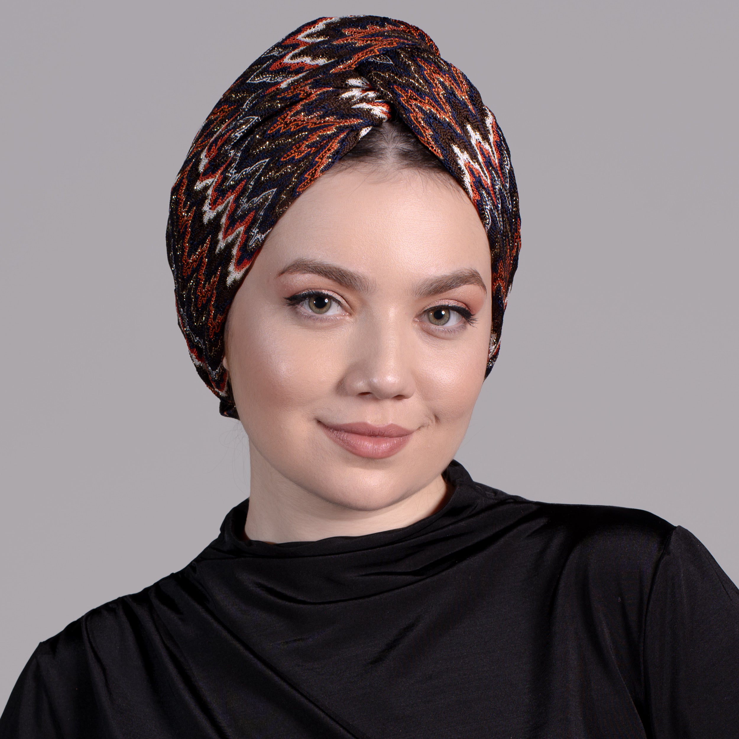 ZikZak Desenli Burgulu Bone - Esnek Triko Kumaş - Turuncu, Kahverengi, Simli /Çok Renkli - Twisted Zigzag Orange Bone - BitterColors