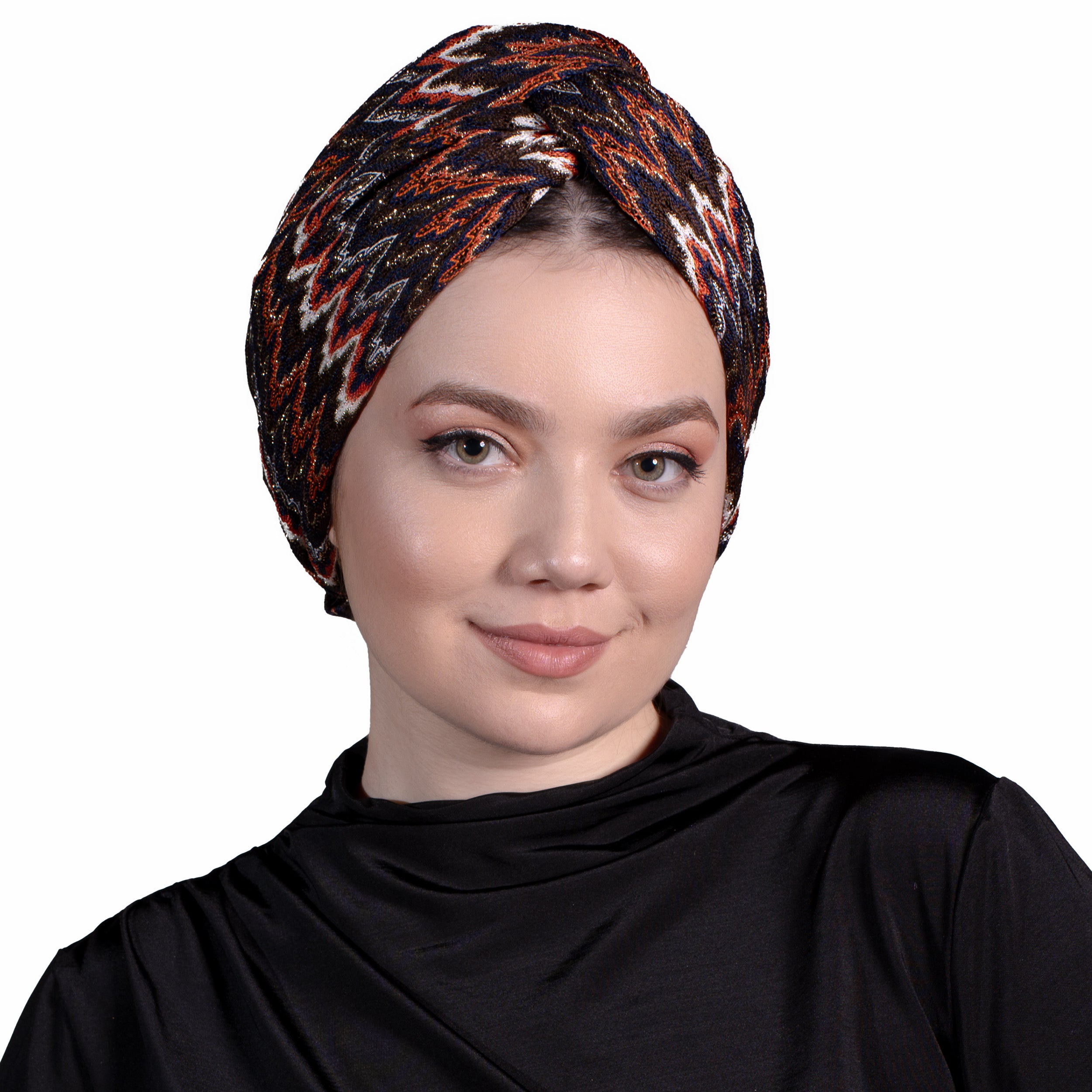 ZikZak Desenli Burgulu Bone - Esnek Triko Kumaş - Turuncu, Kahverengi, Simli /Çok Renkli - Twisted Zigzag Orange Bone - BitterColors