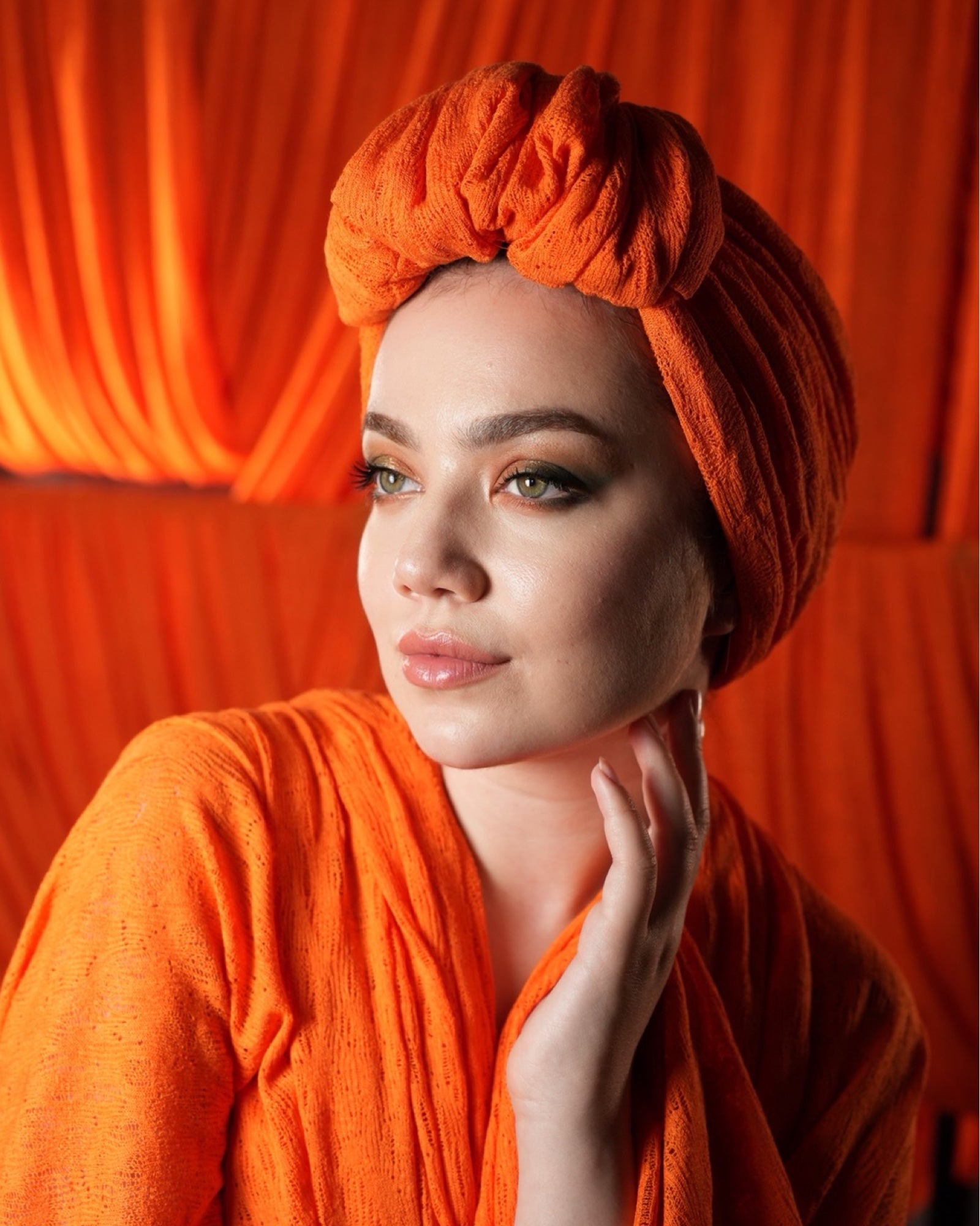 Beyrut Knitty Bone - Esnek Triko Kumaş - Kullanıma Hazır Bone - Turuncu-Yeşil Renkli - BitterColors