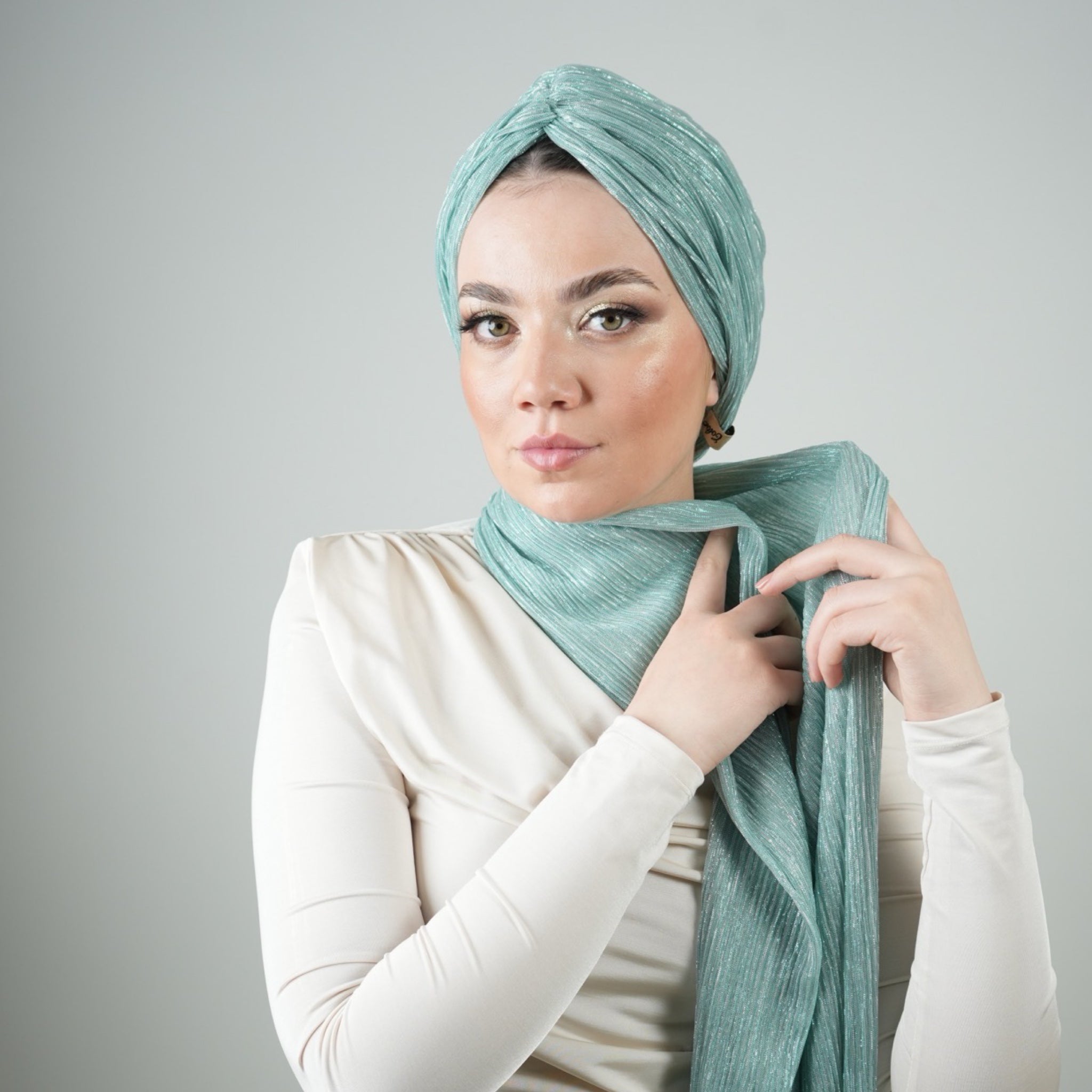 Glitter - Pırıltılı Fular - Kombinlenebilir - Hafif Esnek Kumaş - Su Yeşili - BitterColors