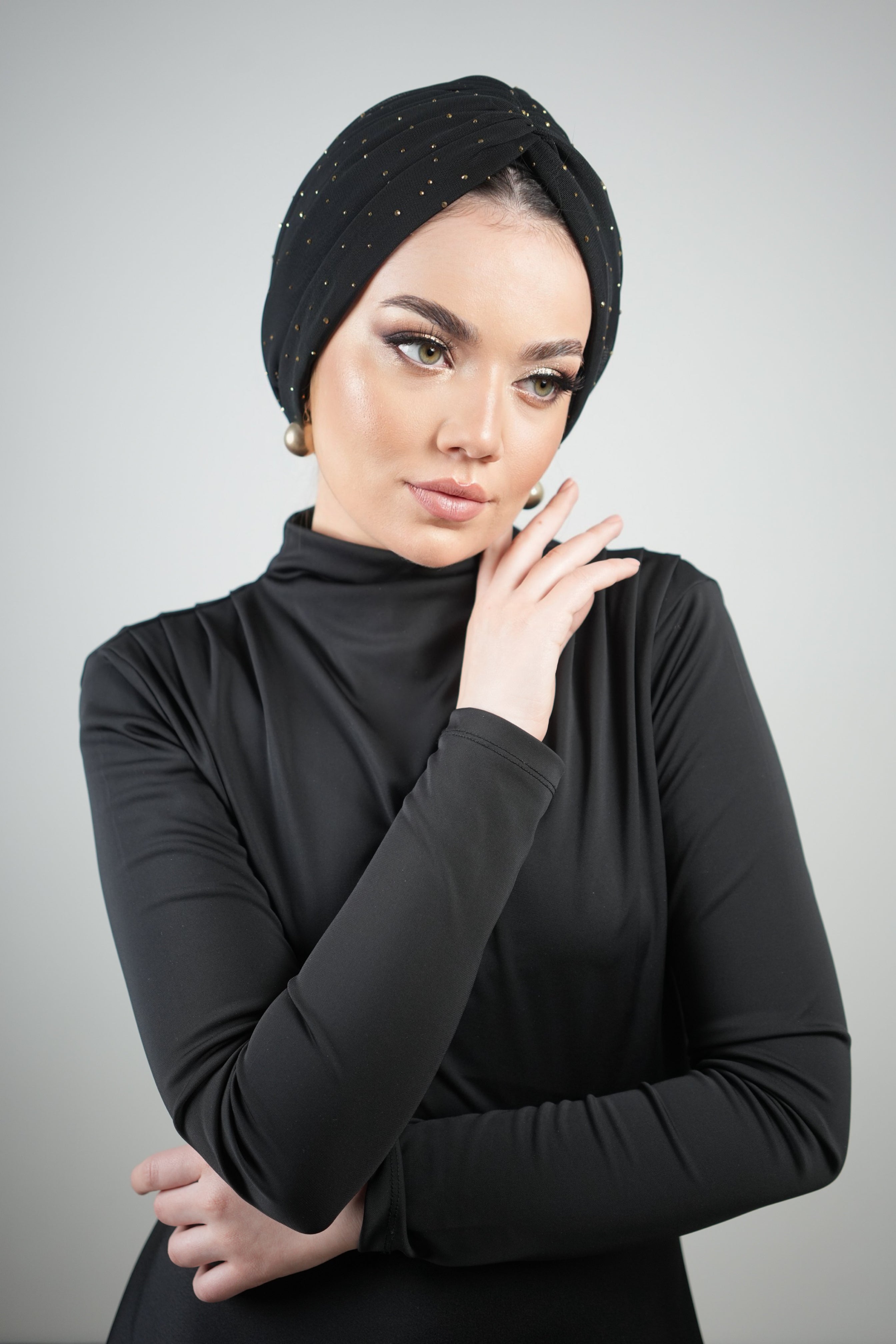 Taşlı Tül Bone - Esnek Kumaş - Siyah Renk - BitterColors