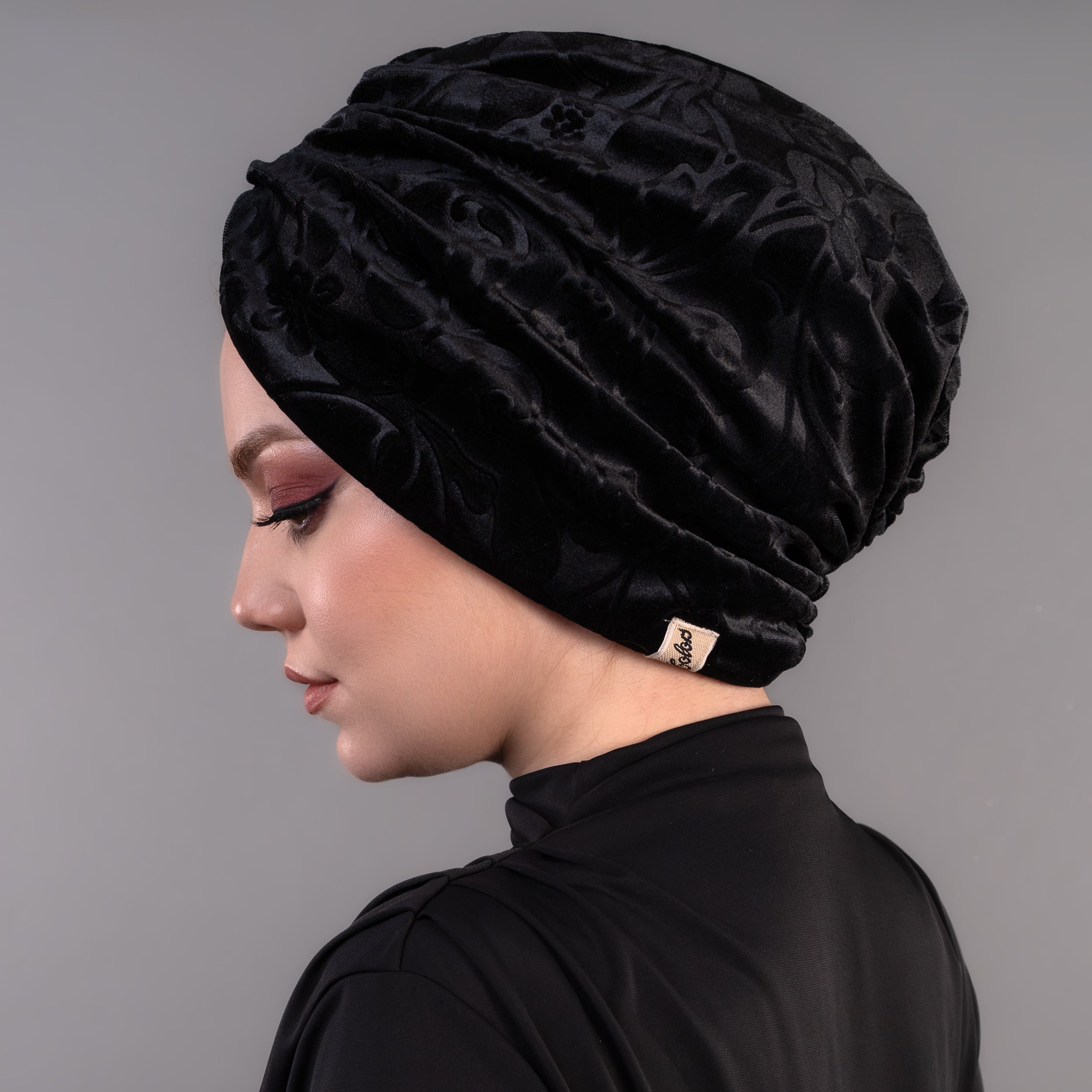 Büzgülü Çiçek Desenli Kadife Bone - Esnek Kadife Kumaş - Çift Taraflı - Bitter Çiçekli - BitterColors