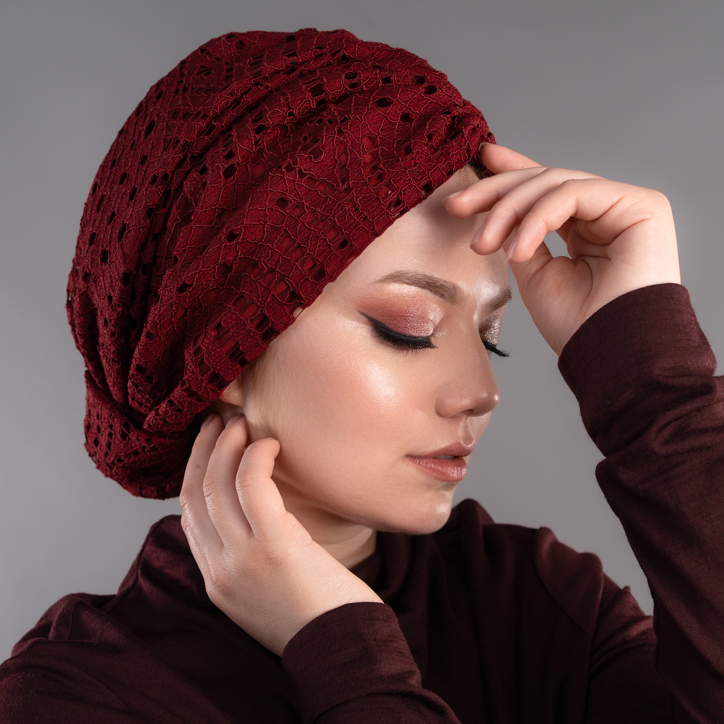 Beyrut Dantel Bordo Bone - Penye Astarlı - Kullanıma Hazır Bone - Bordo Renkli - BitterColors