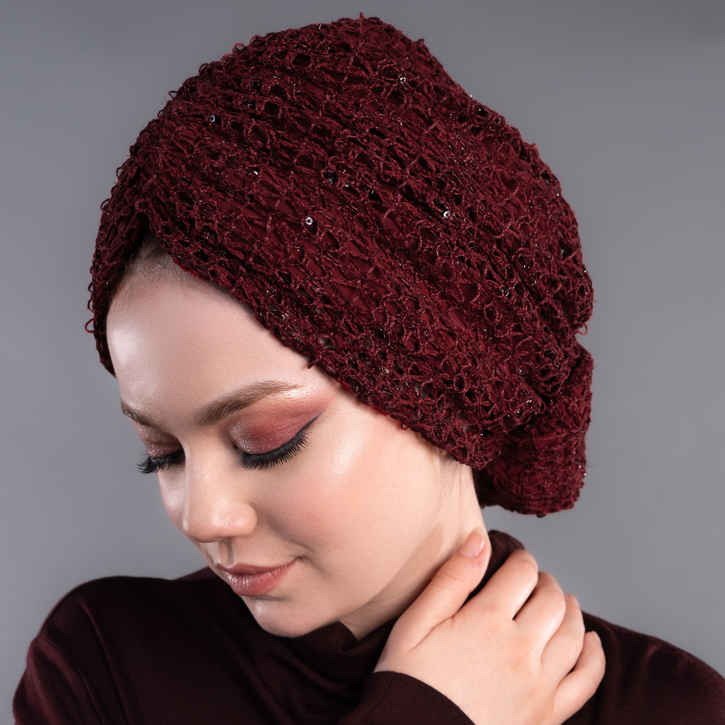 Beyrut Simli Dantel Bone - Penye Astarlı - Kullanıma Hazır Bone - Bordo Renkli - Acı Kahve - BitterColors