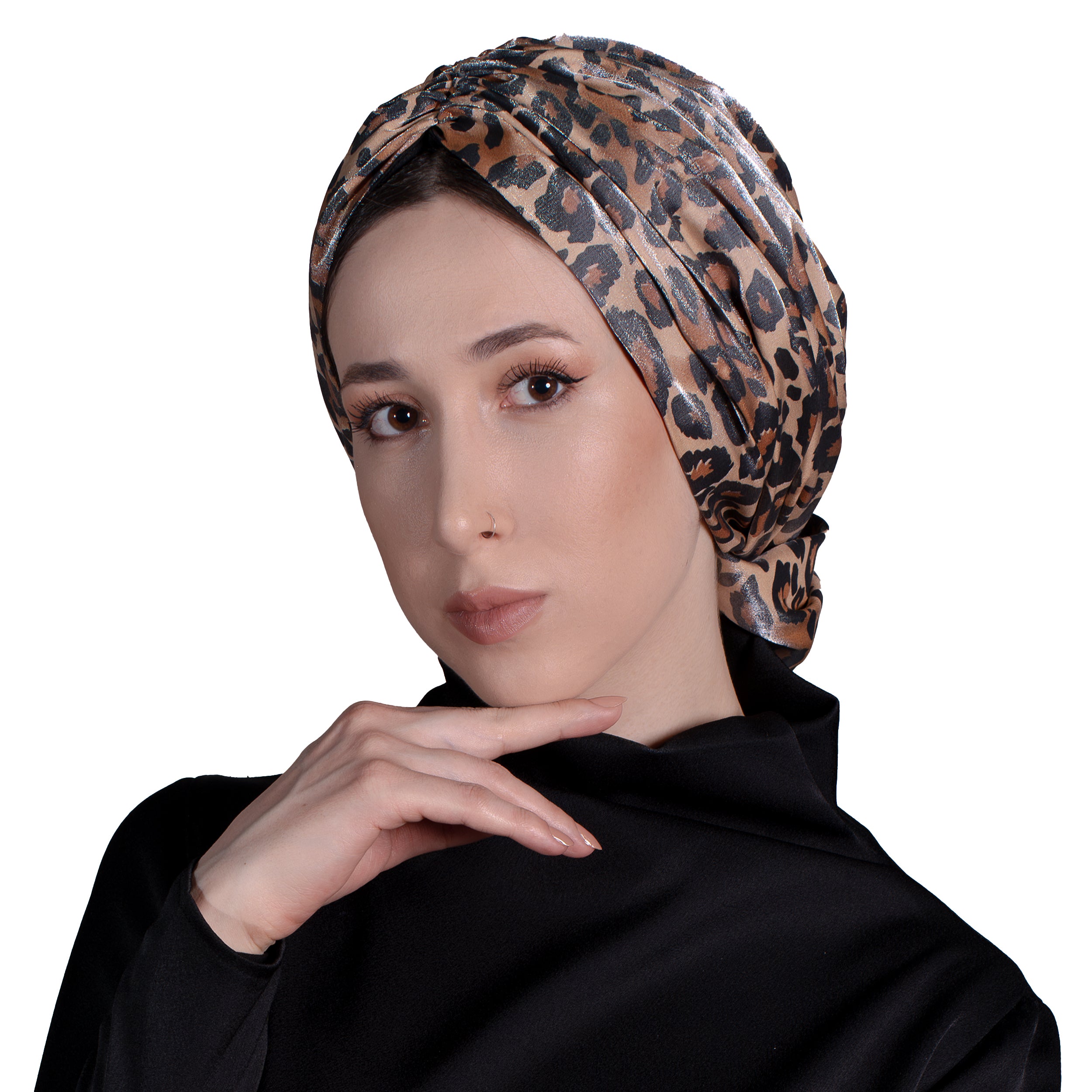 Esra Tokelli Leopar Desenli Penye Astarlı Büzgülü Bone - Kullanıma Hazır Bone - Çok Renkli - BitterColors