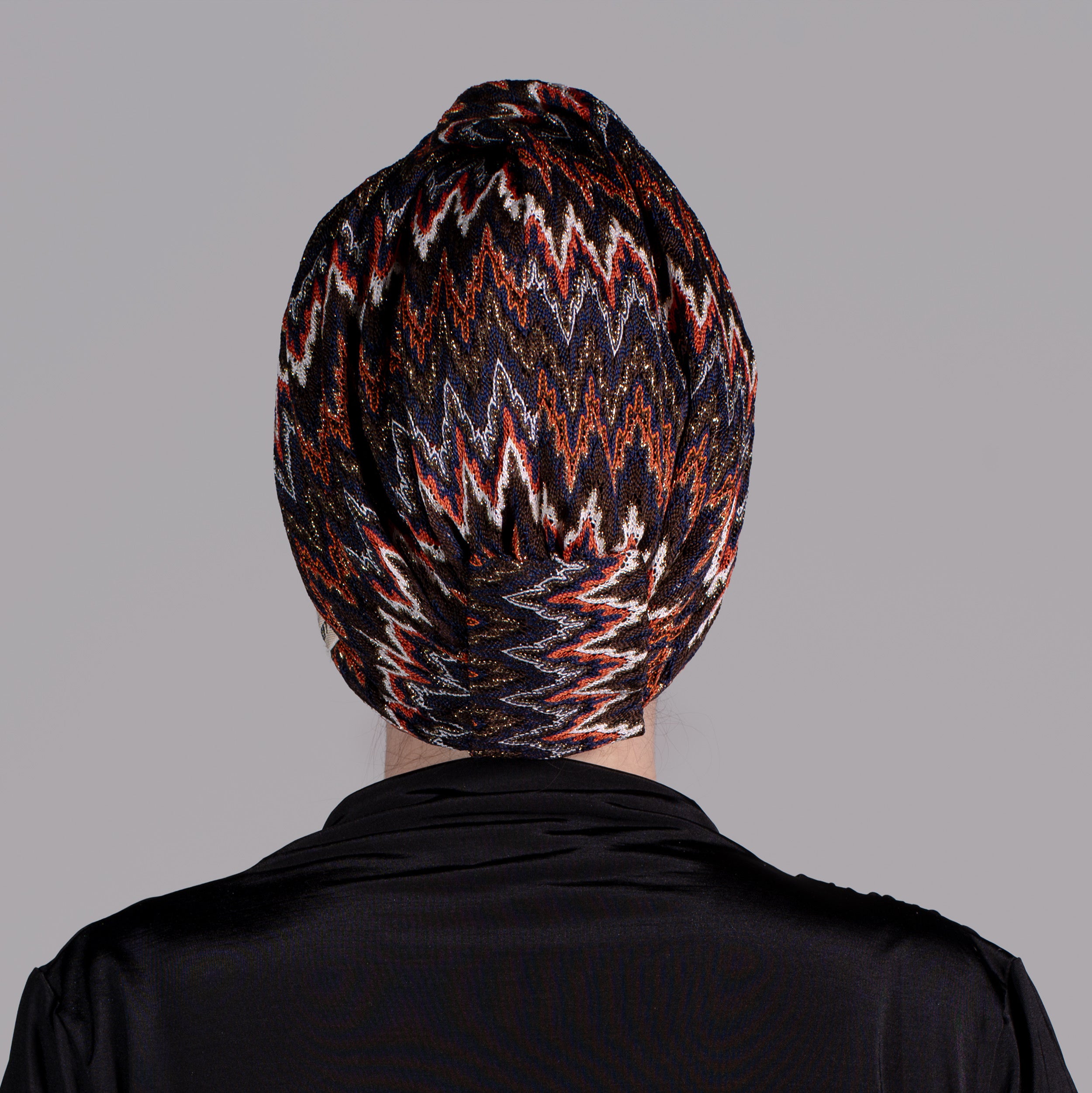 ZikZak Desenli Burgulu Bone - Esnek Triko Kumaş - Turuncu, Kahverengi, Simli /Çok Renkli - Twisted Zigzag Orange Bone - BitterColors