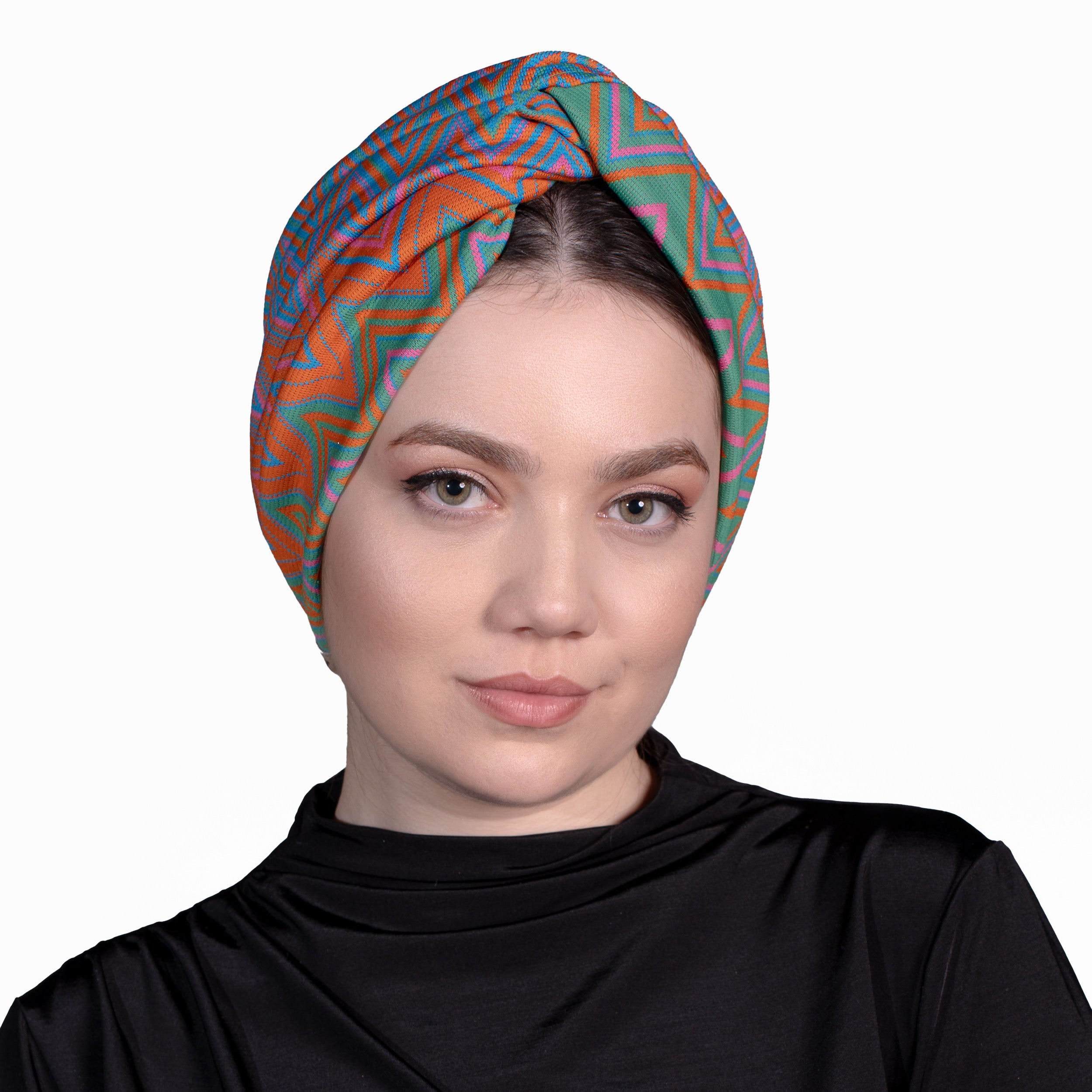 Fiesta ZikZak Desenli Burgulu Bone - Turuncu Yeşil Mavi Renkli - Esnek Triko Kumaş - BitterColors