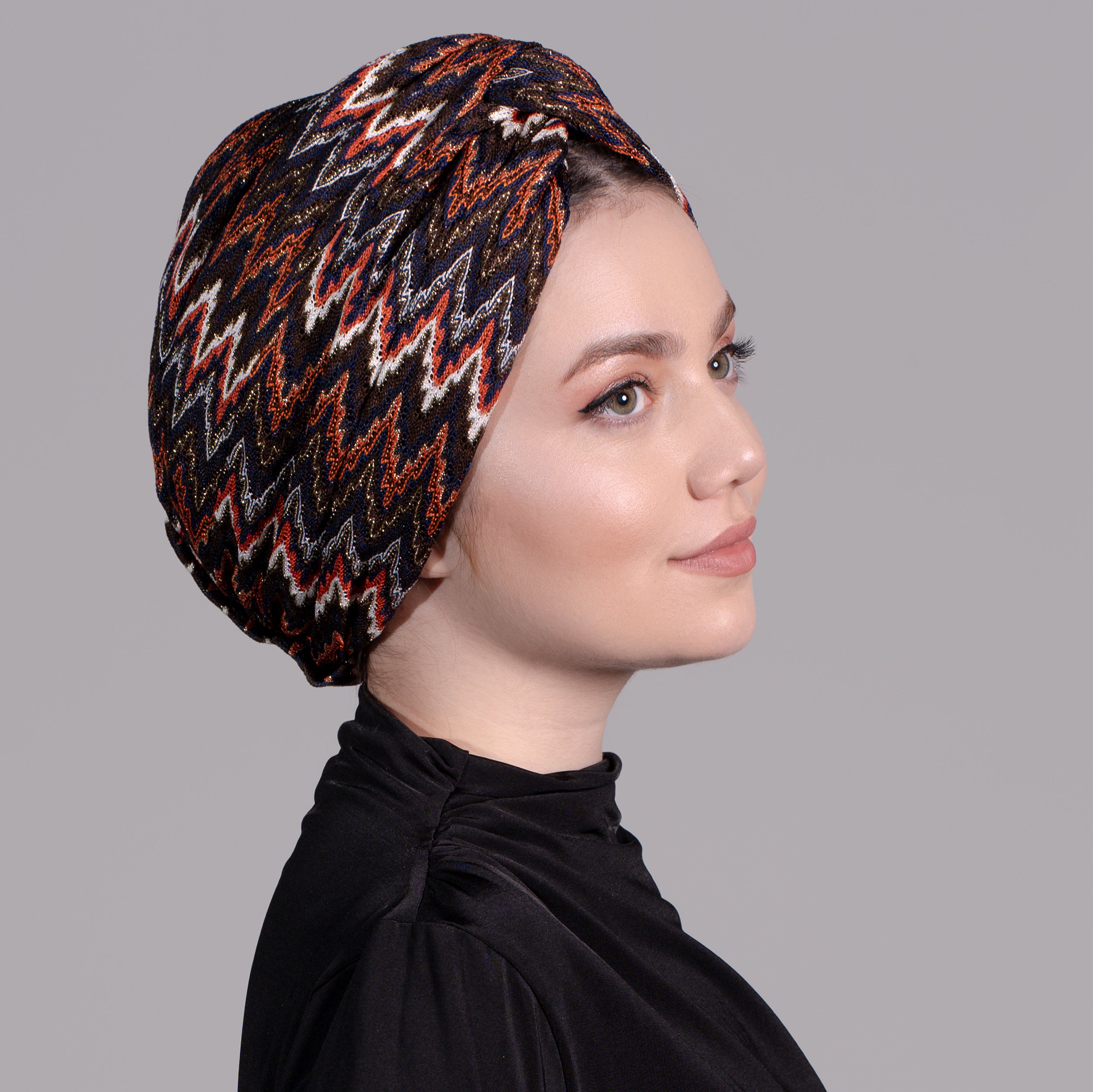 ZikZak Desenli Burgulu Bone - Esnek Triko Kumaş - Turuncu, Kahverengi, Simli /Çok Renkli - Twisted Zigzag Orange Bone - BitterColors