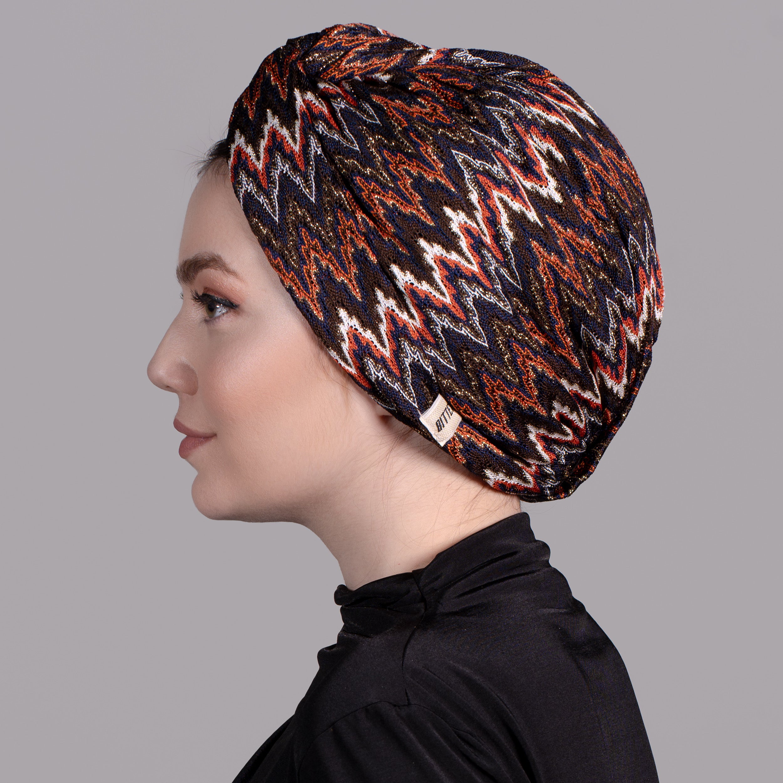 ZikZak Desenli Burgulu Bone - Esnek Triko Kumaş - Turuncu, Kahverengi, Simli /Çok Renkli - Twisted Zigzag Orange Bone - BitterColors