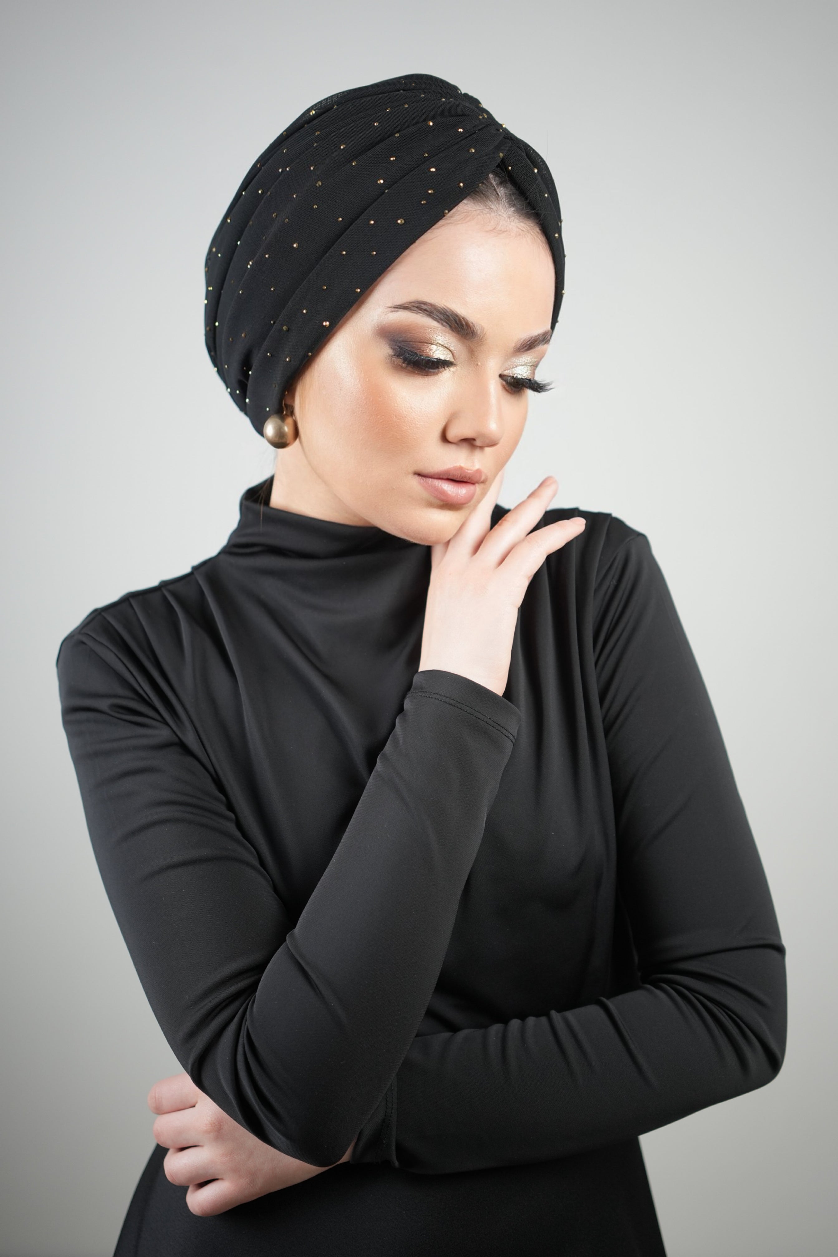 Taşlı Tül Bone - Esnek Kumaş - Siyah Renk - BitterColors