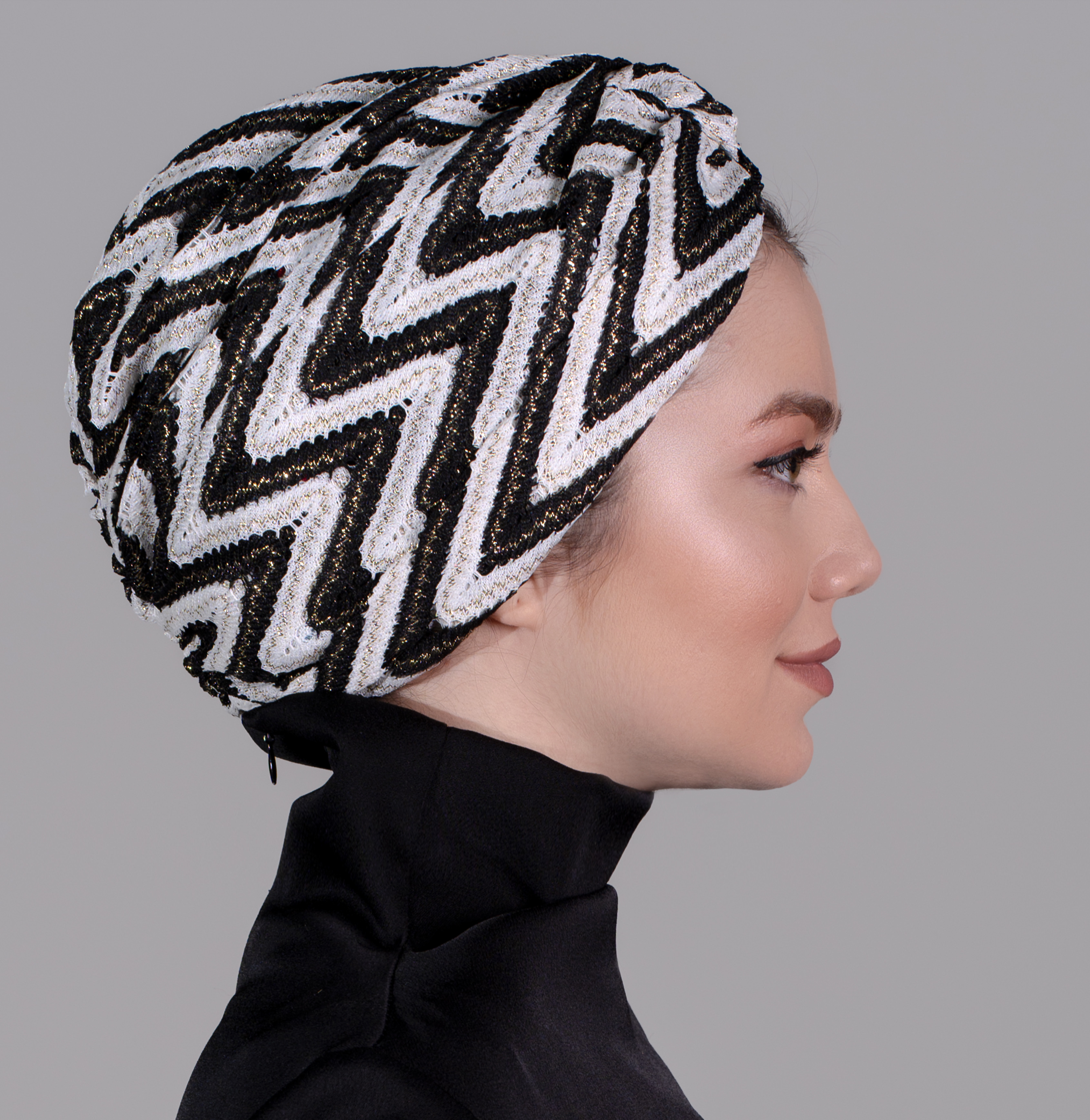 ZikZak Desenli Bone - Esnek Triko Kumaş - Siyah/Beyaz Renk - Black and White X Bone - BitterColors