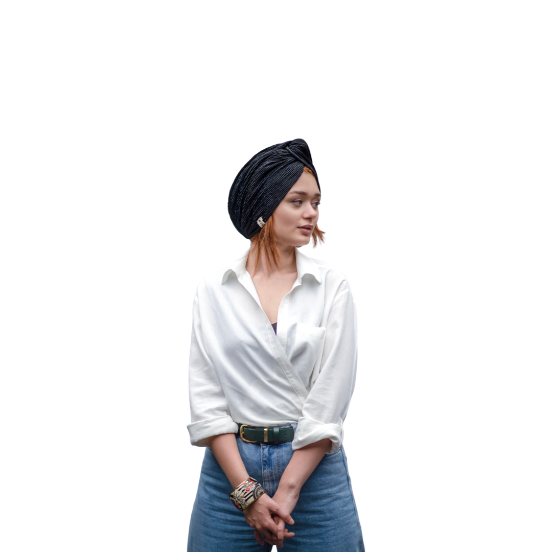 Işıltılı Burgu Bone - Triko Plise Kumaş - Siyah Renk - BitterColors