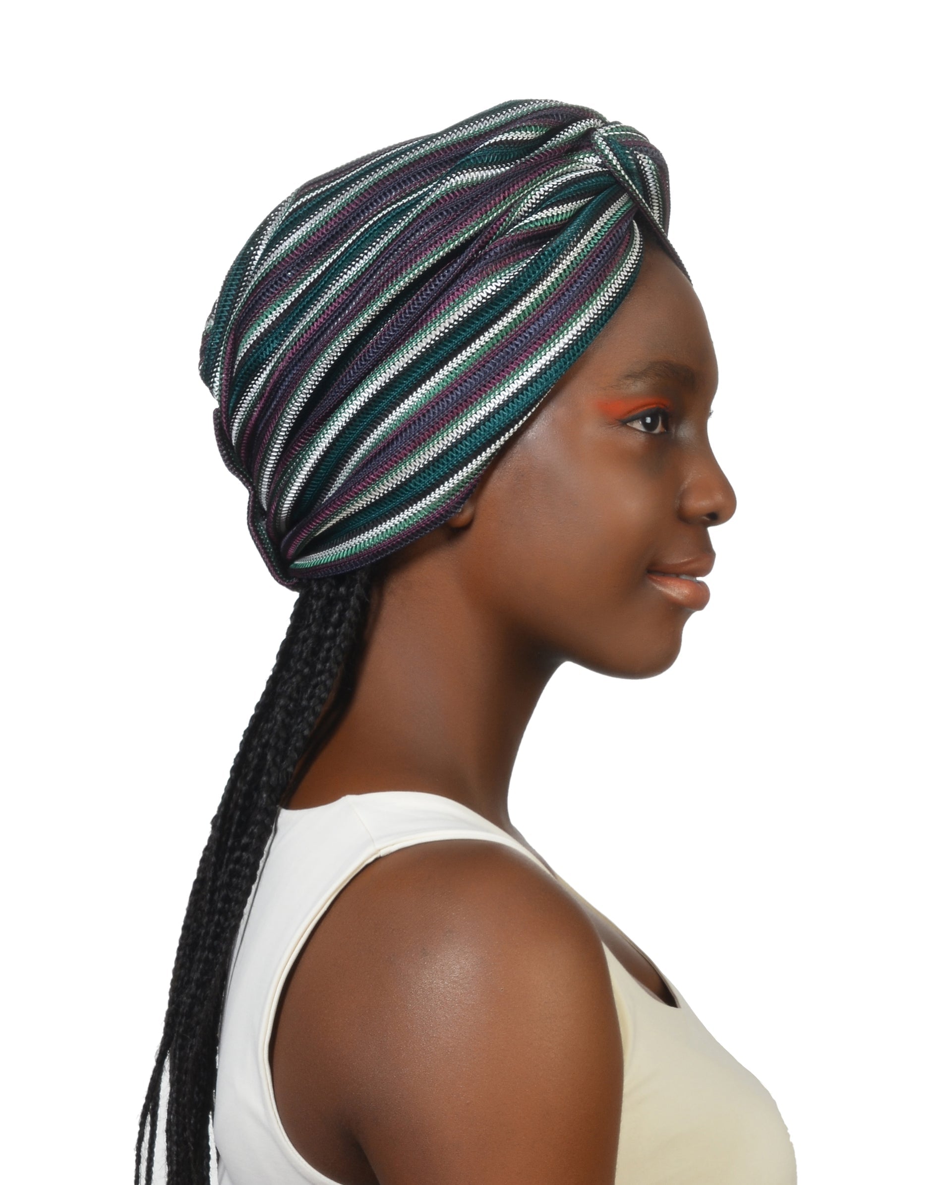 Twisted Grass Burgulu Çizgi Desen Bone - Esnek Triko Kumaş - Mürdüm , Yeşil , Beyaz Çok Renkli - BitterColors