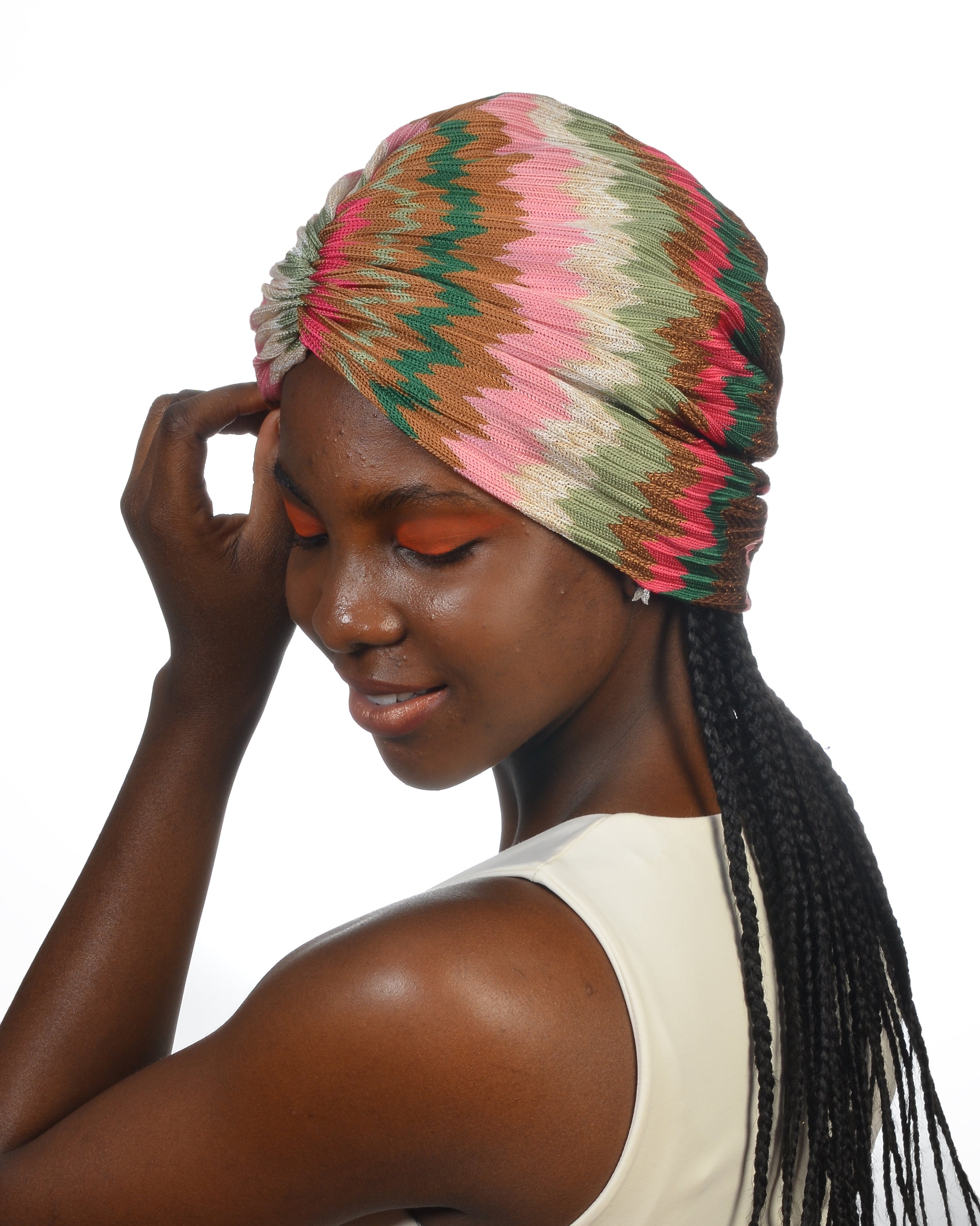 Bitter Zigzag Green Büzgülü Bone - ZikZak Desenli - Esnek Triko Kumaş - Çok Renkli - BitterColors