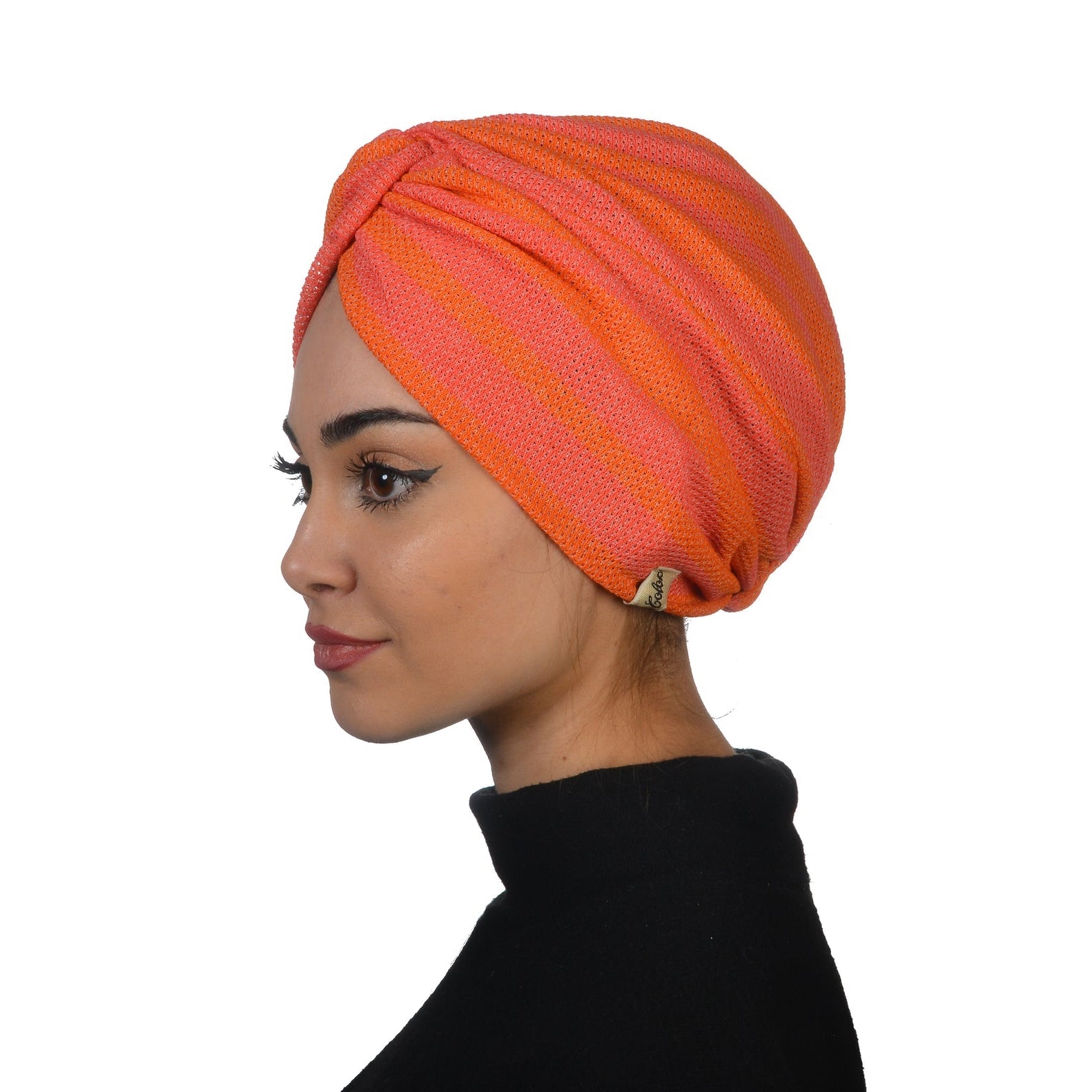 Beignet Burgulu Çizgili Bone - Esnek Örme/Triko Kumaş - Çift Taraflı Kullanım - Turuncu - BitterColors