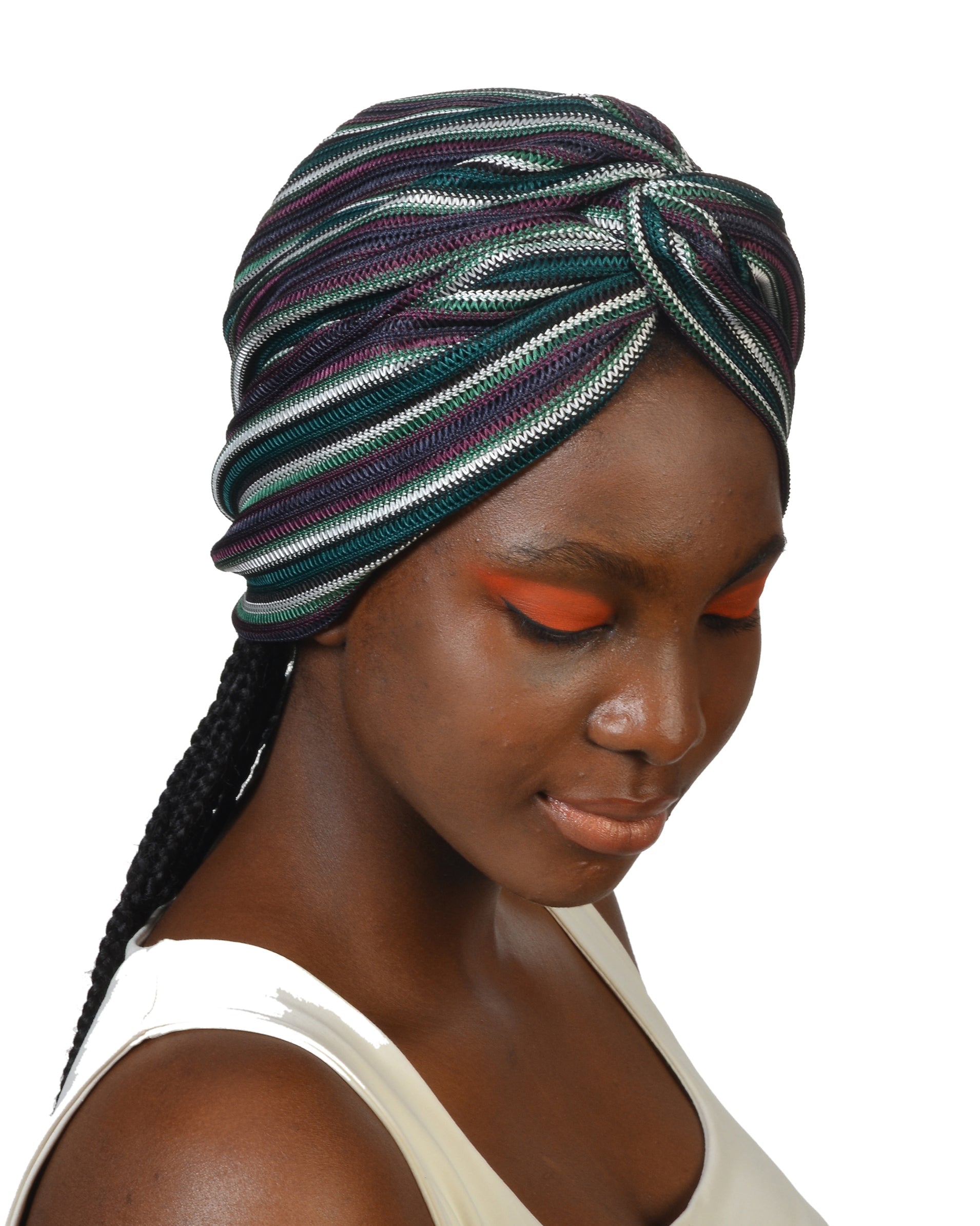 Twisted Grass Burgulu Çizgi Desen Bone - Esnek Triko Kumaş - Mürdüm , Yeşil , Beyaz Çok Renkli - BitterColors