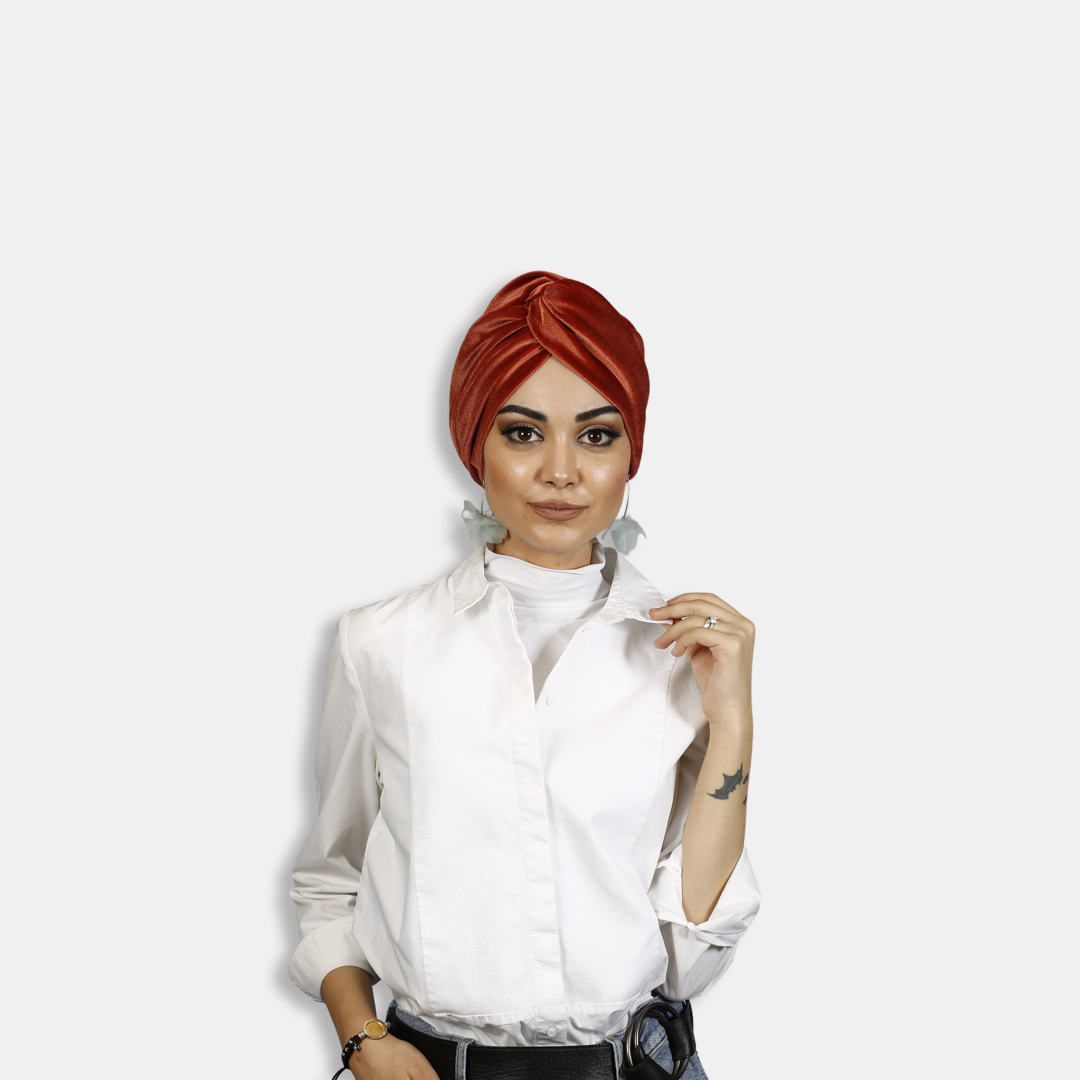 Burgulu Kadife Kumaş Bone - Çift Taraflı - Kiremit Rengi - BitterColors