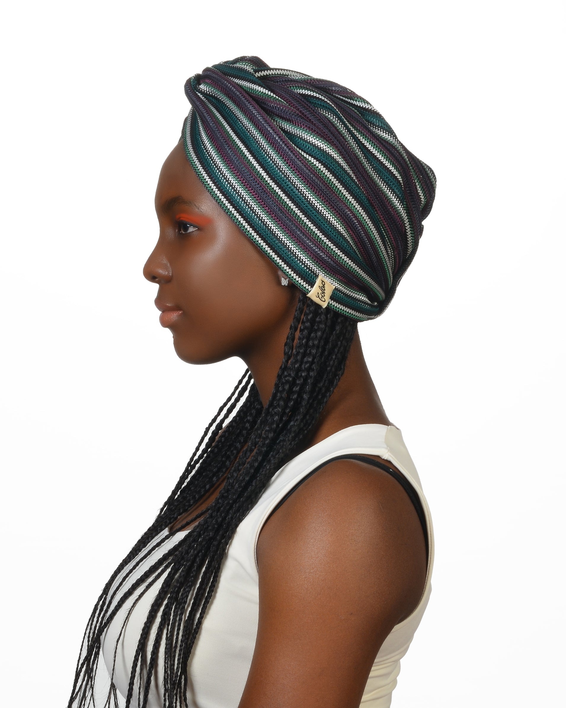 Twisted Grass Burgulu Çizgi Desen Bone - Esnek Triko Kumaş - Mürdüm , Yeşil , Beyaz Çok Renkli - BitterColors