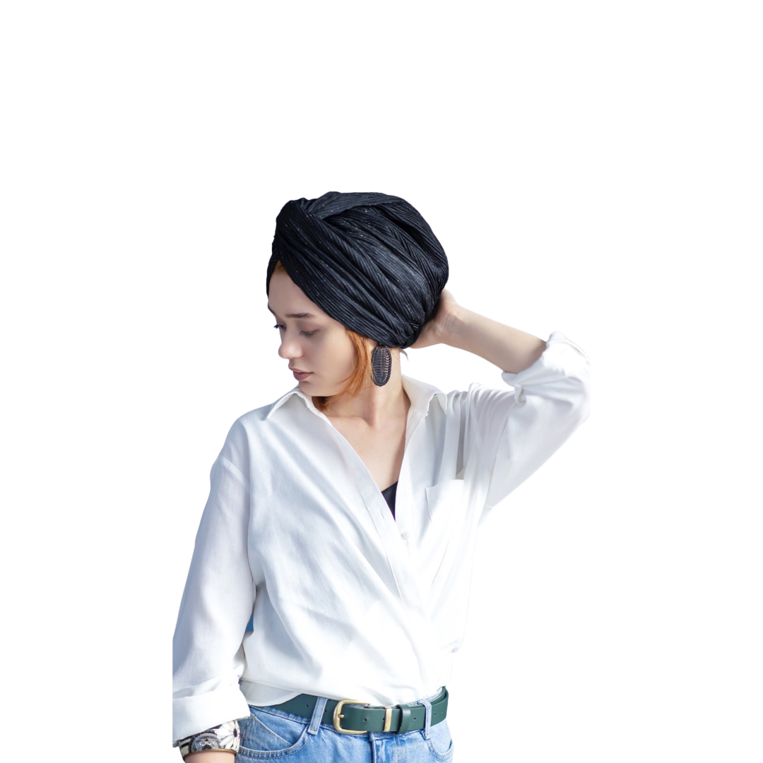 Işıltılı Burgu Bone - Triko Plise Kumaş - Siyah Renk - BitterColors