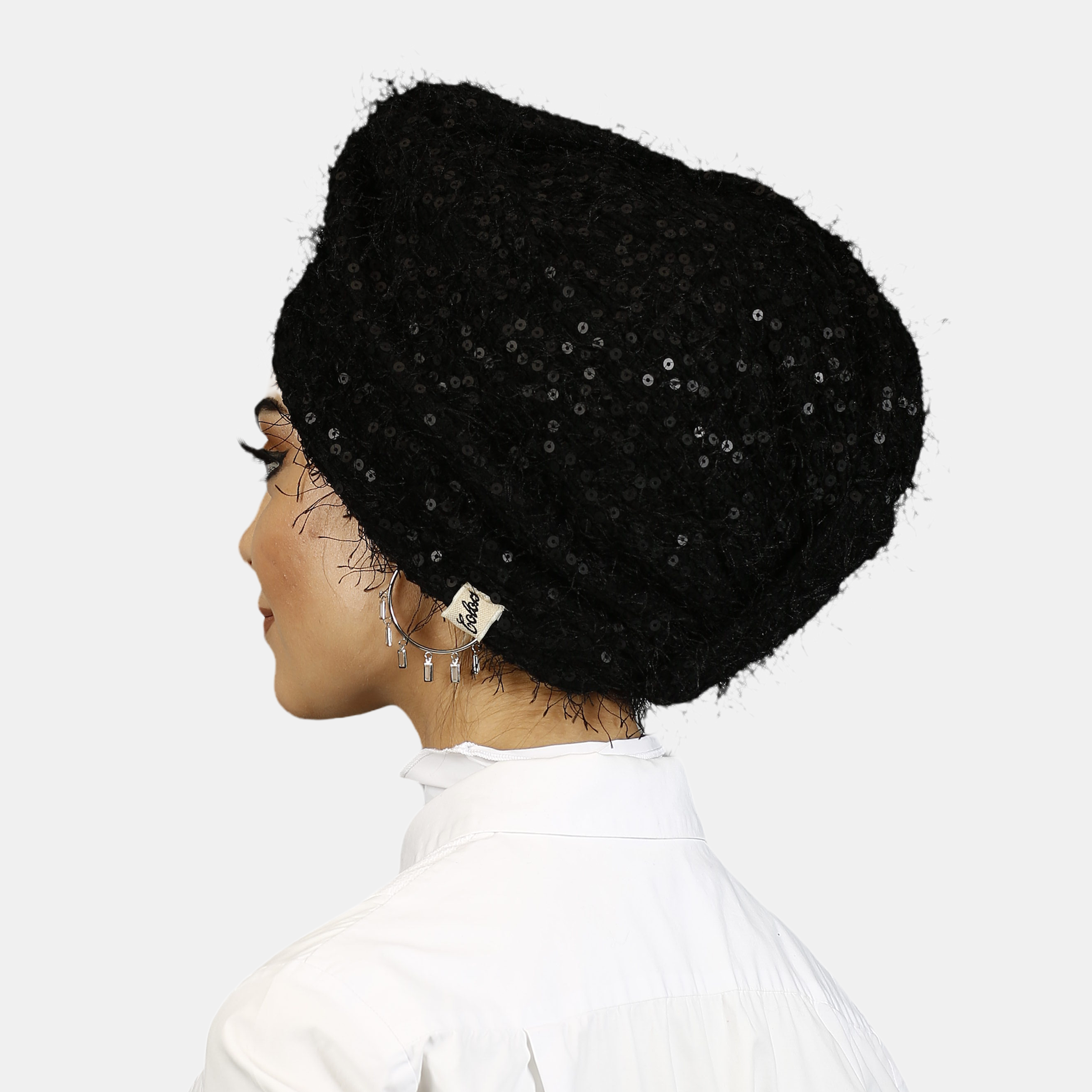 Püskül İpli Örme Bone - Siyah Renk - Pulpayet Kumaş - BitterColors