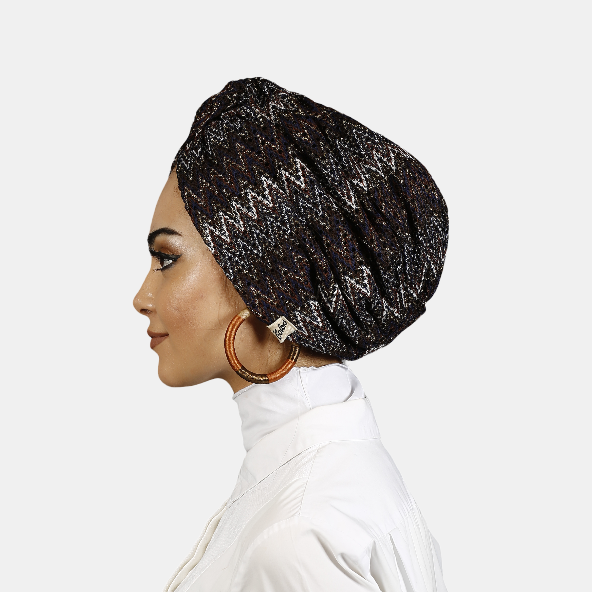 Zigzag Brown - ZikZak Desenli Bone - Burgulu Model - Esnek Triko Kumaş - Kahverengi - BitterColors