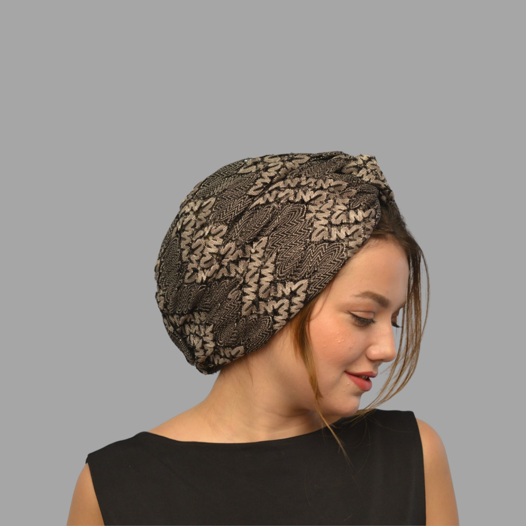 Twisted Mink ZikZak Desenli Burgulu Bone - Triko Kumaş - Çift Taraflı - Siyah Vizon - BitterColors