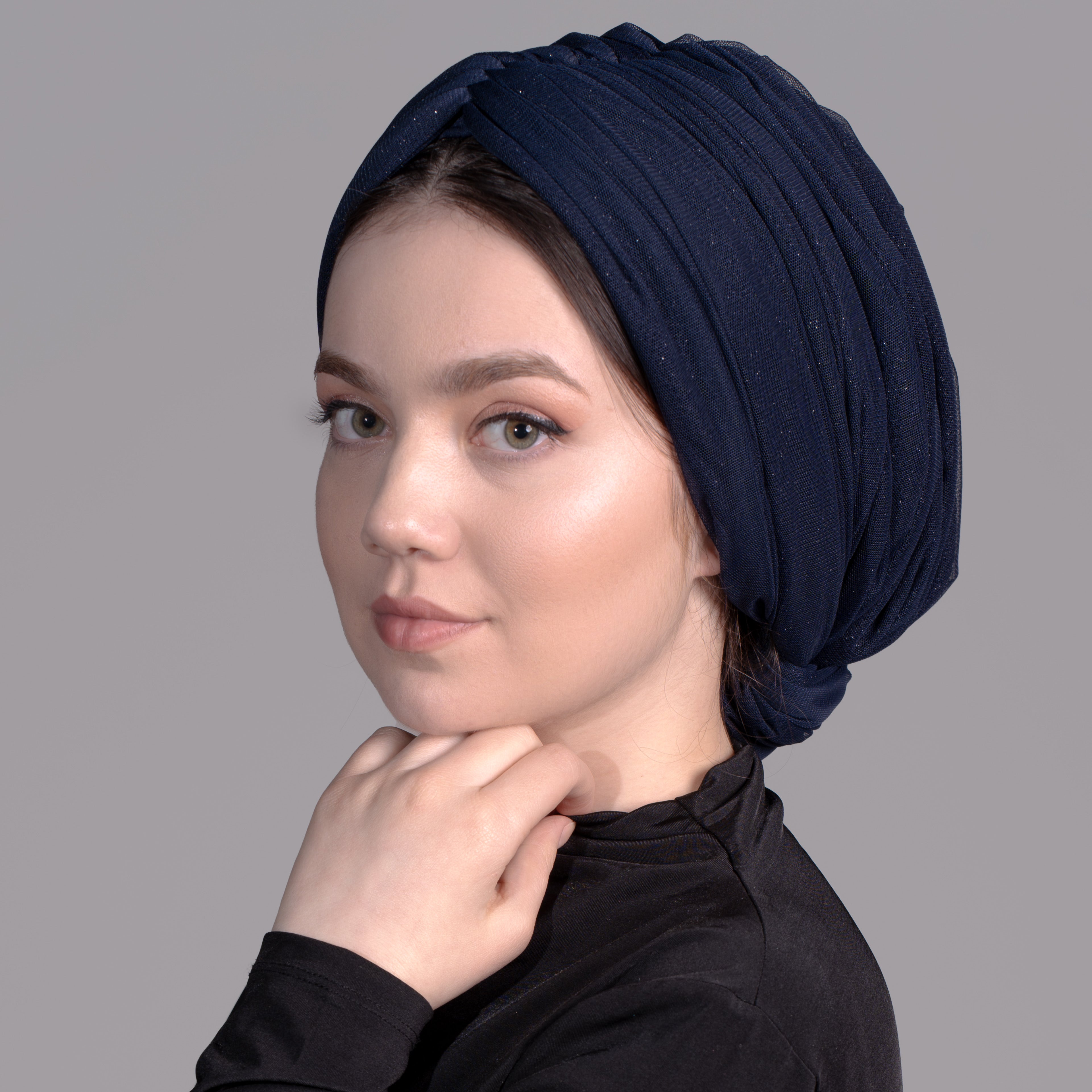 Beyrut Honeycomb Tulle Bone/ Lacivert, Işıltılı, Dışı Tül, Esnek Örme Kumaş, İçi Penye Astarlı, El Yapımı Şık Bone