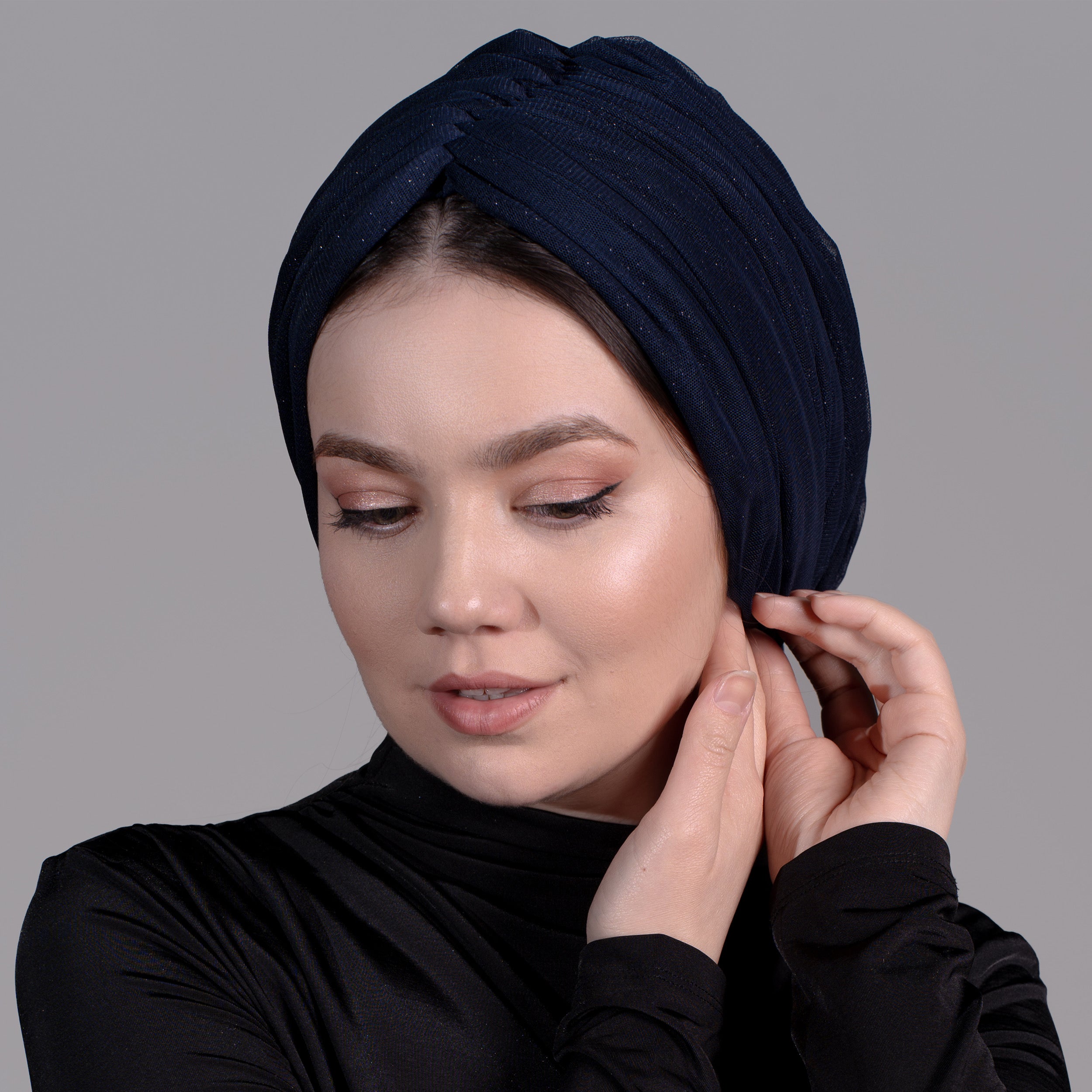 Beyrut Honeycomb Tulle Bone/ Lacivert, Işıltılı, Dışı Tül, Esnek Örme Kumaş, İçi Penye Astarlı, El Yapımı Şık Bone