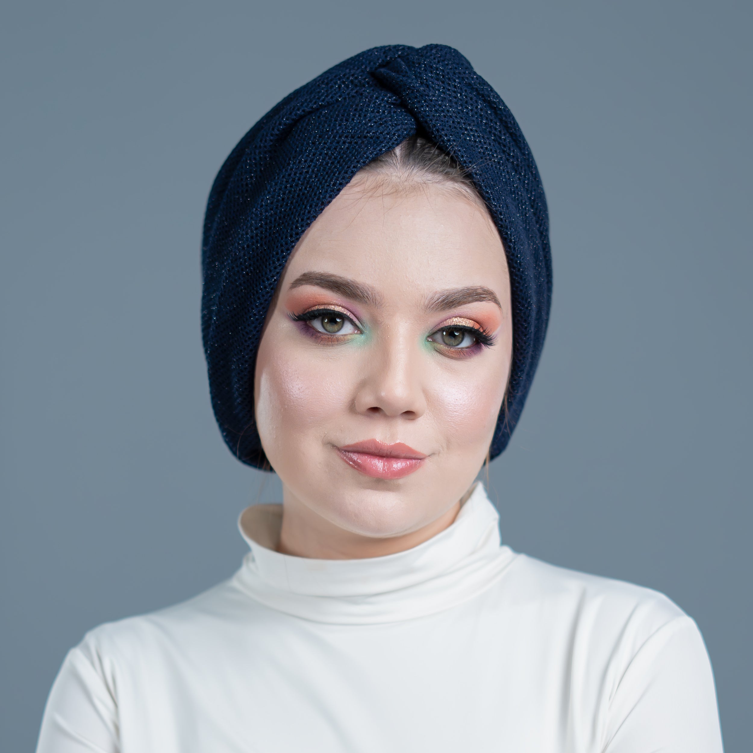 Burgulu Örme Bone - Simli Triko Kumaş - Lacivert - Honeycomb Navy Tulle - BitterColors