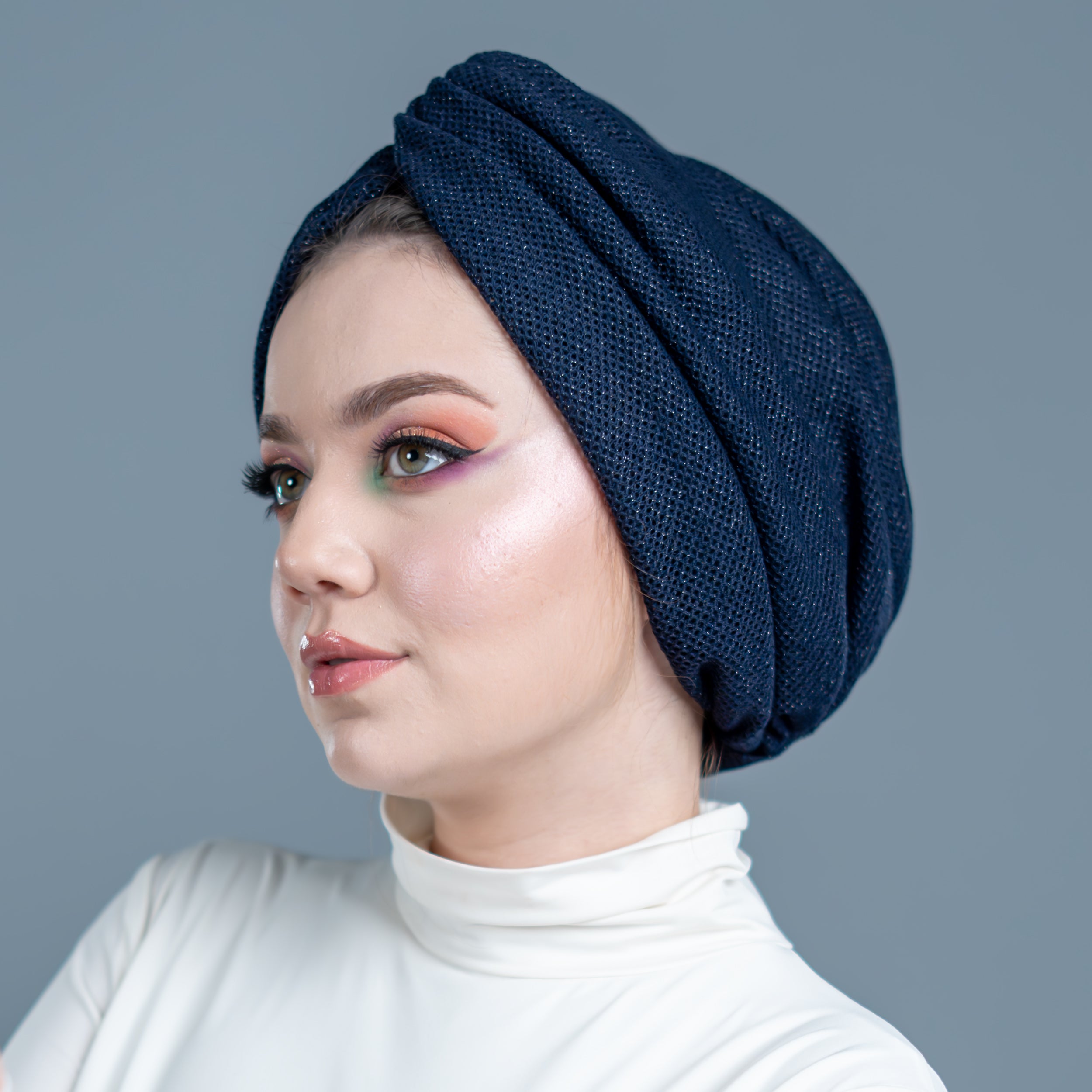 Burgulu Örme Bone - Simli Triko Kumaş - Lacivert - Honeycomb Navy Tulle - BitterColors