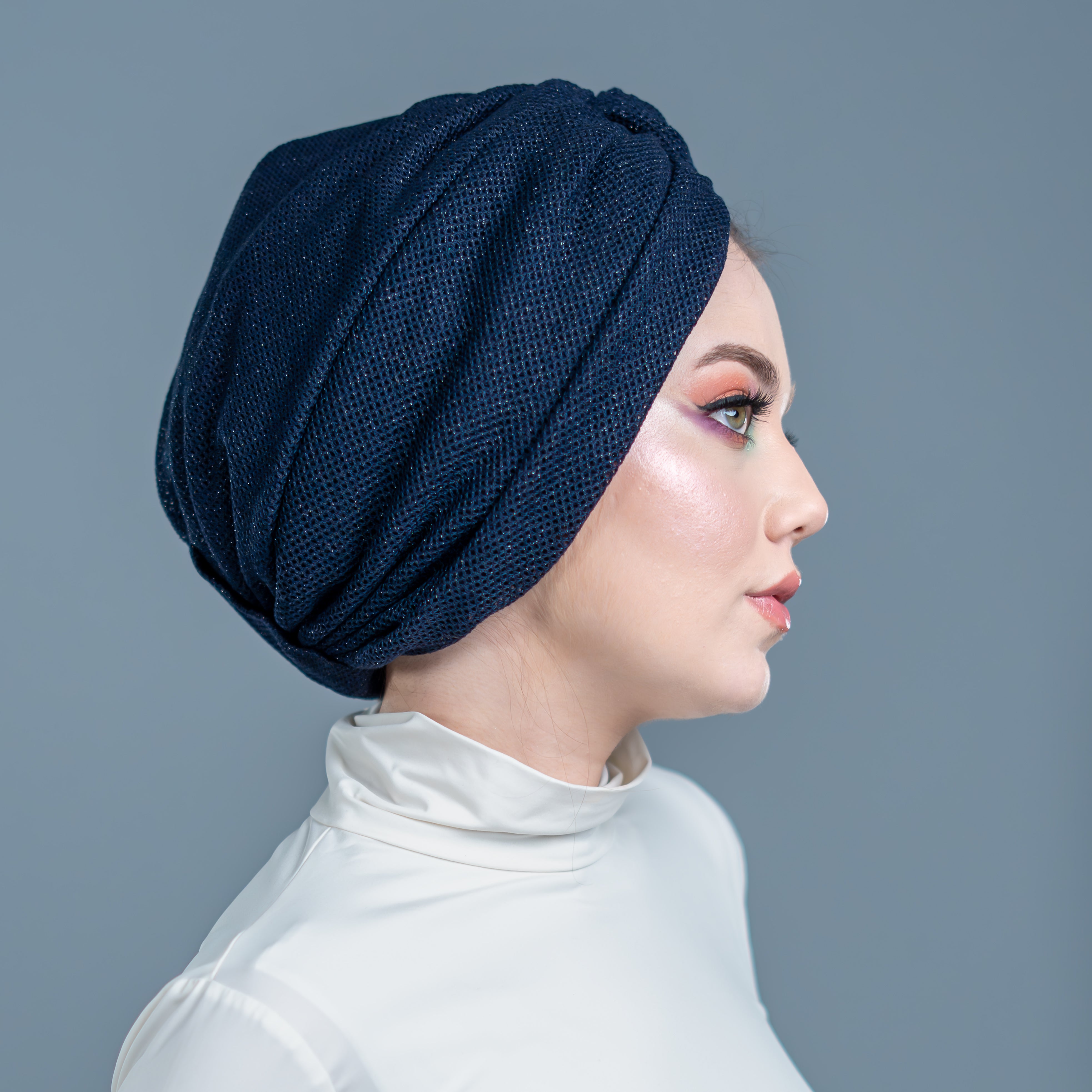 Burgulu Örme Bone - Simli Triko Kumaş - Lacivert - Honeycomb Navy Tulle - BitterColors