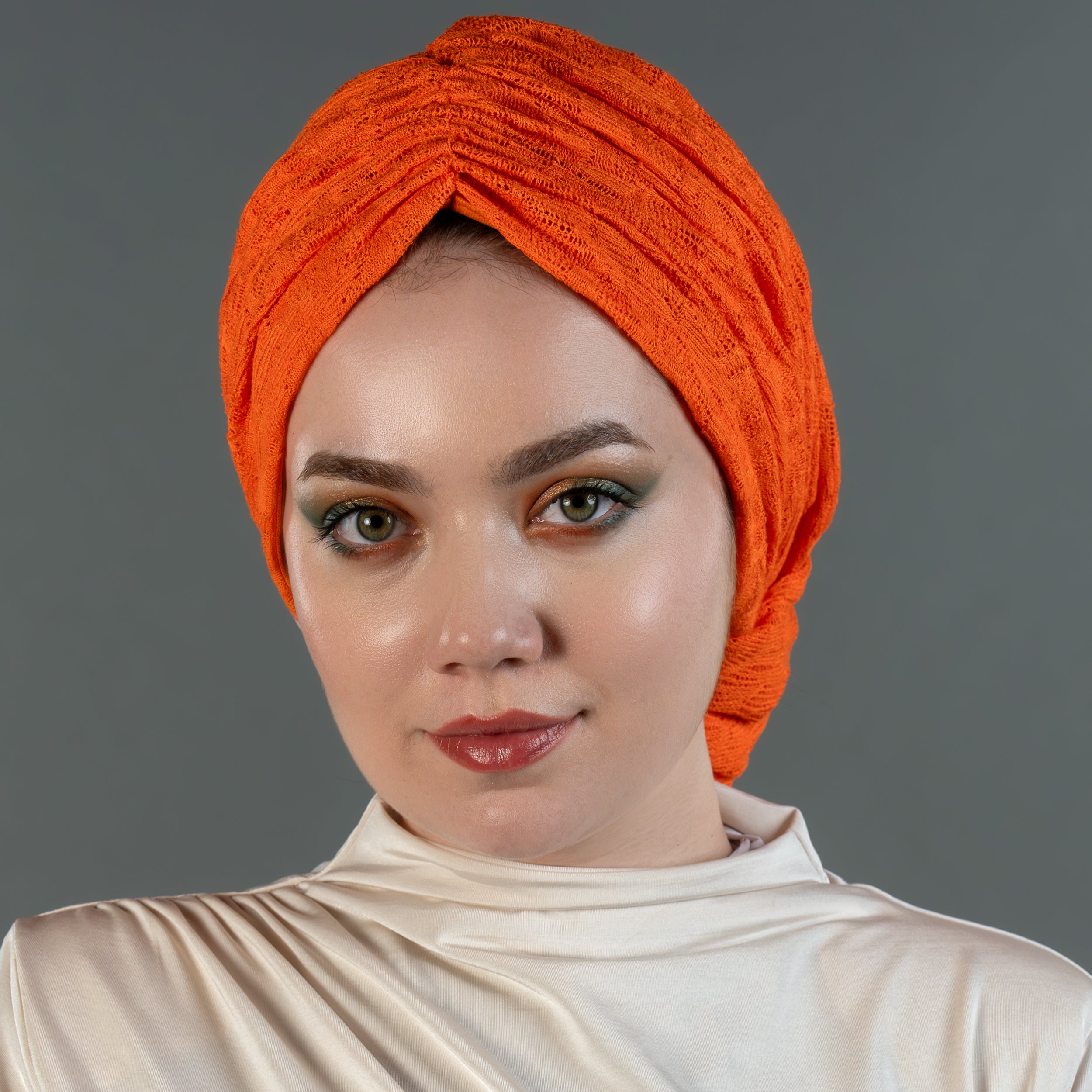 Beyrut Knitty Bone - Esnek Triko Kumaş - Kullanıma Hazır Bone - Turuncu-Yeşil Renkli - BitterColors