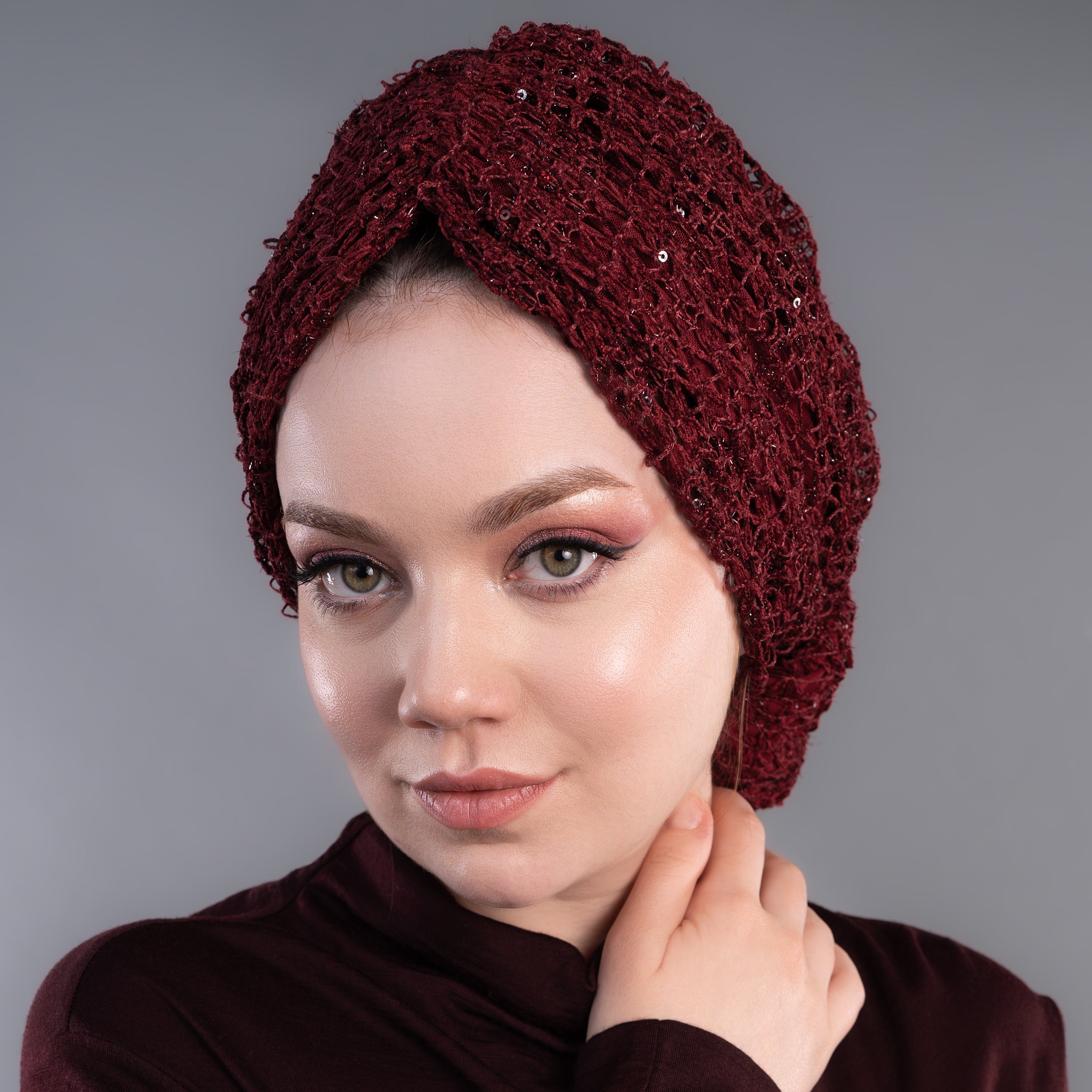 Beyrut Simli Dantel Bone - Penye Astarlı - Kullanıma Hazır Bone - Bordo Renkli - Acı Kahve - BitterColors