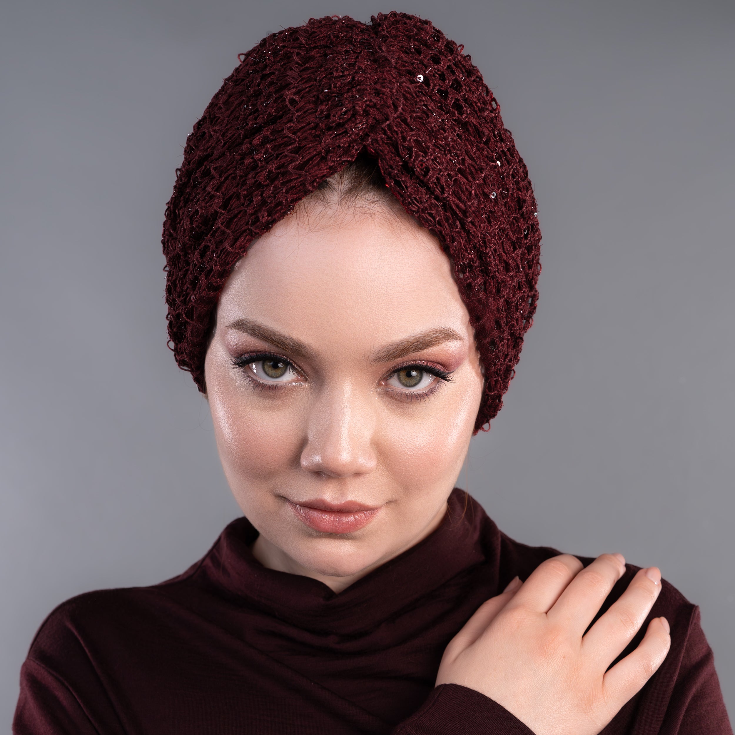 Beyrut Simli Dantel Bone - Penye Astarlı - Kullanıma Hazır Bone - Bordo Renkli - Acı Kahve - BitterColors