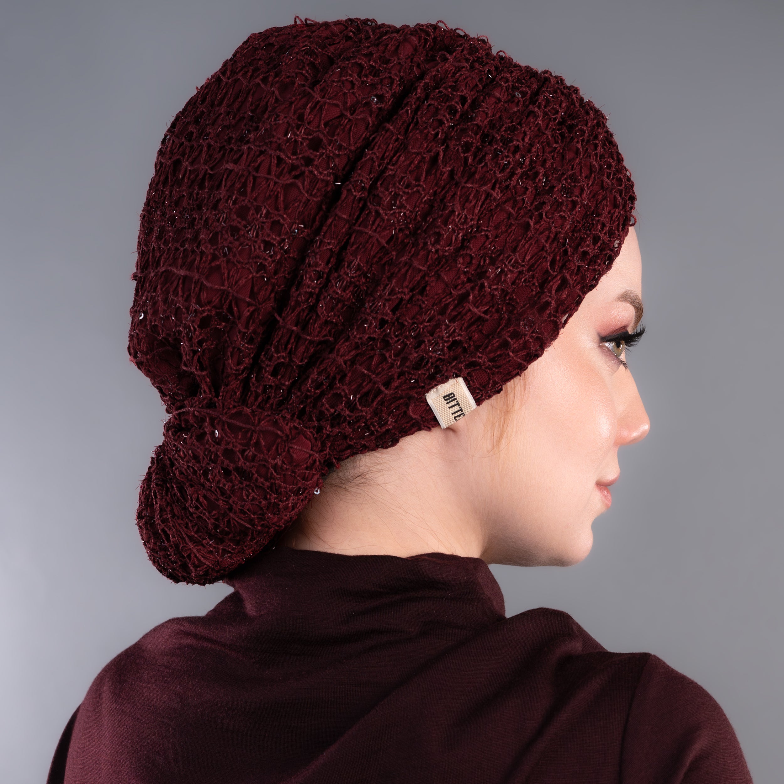 Beyrut Simli Dantel Bone - Penye Astarlı - Kullanıma Hazır Bone - Bordo Renkli - Acı Kahve - BitterColors