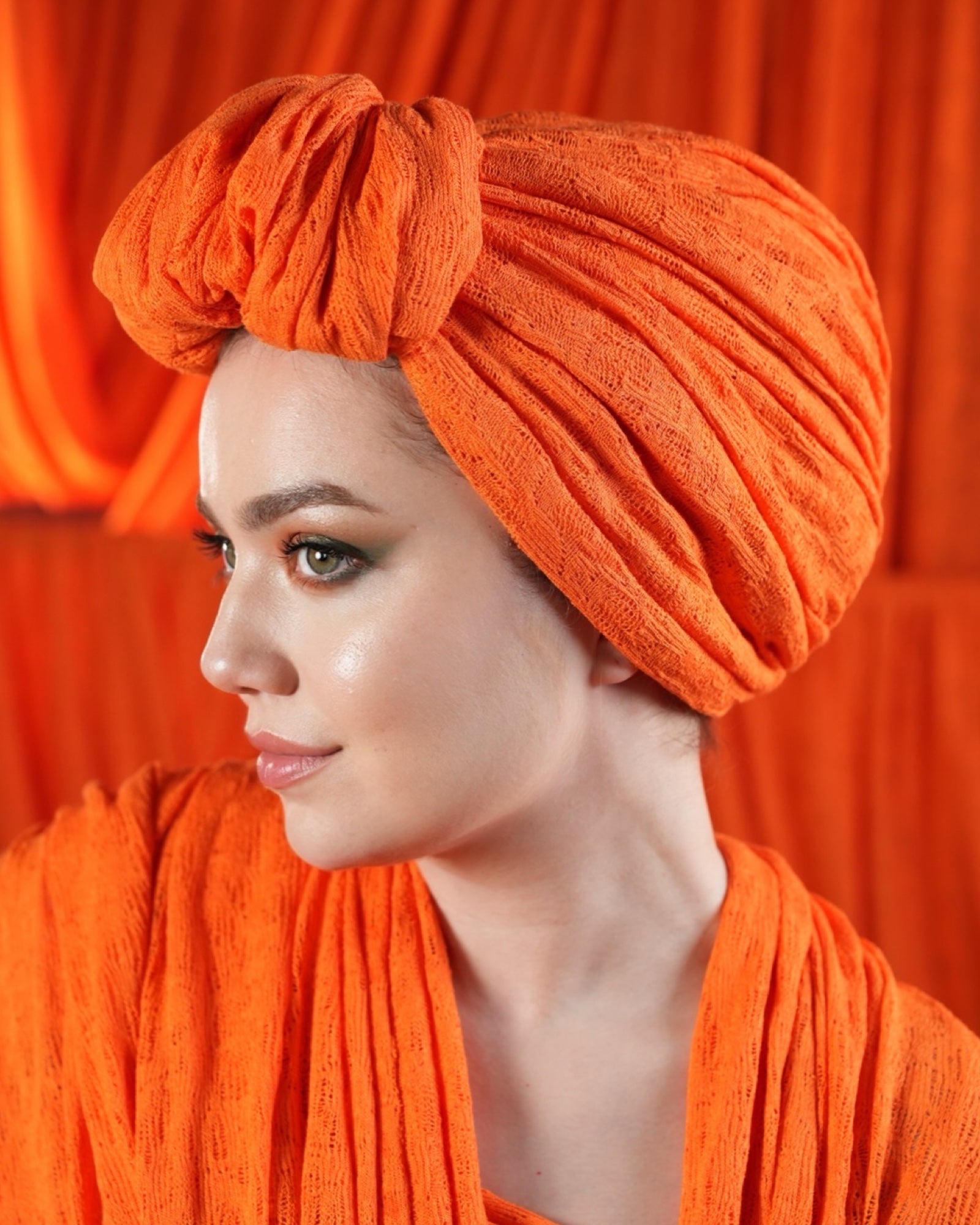 Beyrut Knitty Bone - Esnek Triko Kumaş - Kullanıma Hazır Bone - Turuncu-Yeşil Renkli - BitterColors