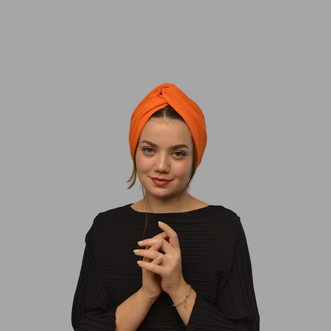 Twisted Beignet Orange El Yapımı Esnek Örme Kumaş Bone