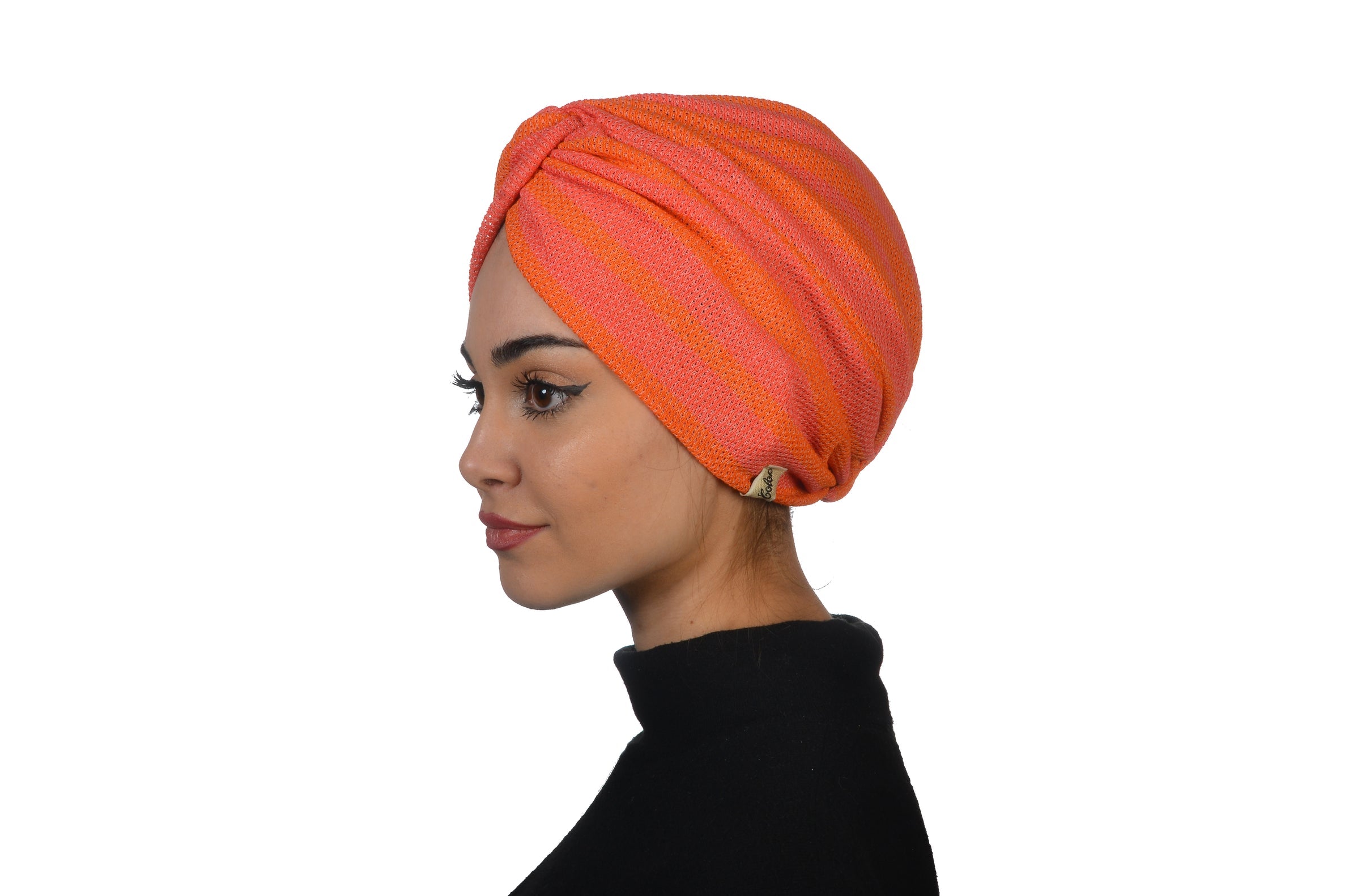 Twisted Beignet Pink Orange, Turuncu ve  Pembe Çizgili, Esnek Örme Kumaş, El Yapımı Bone