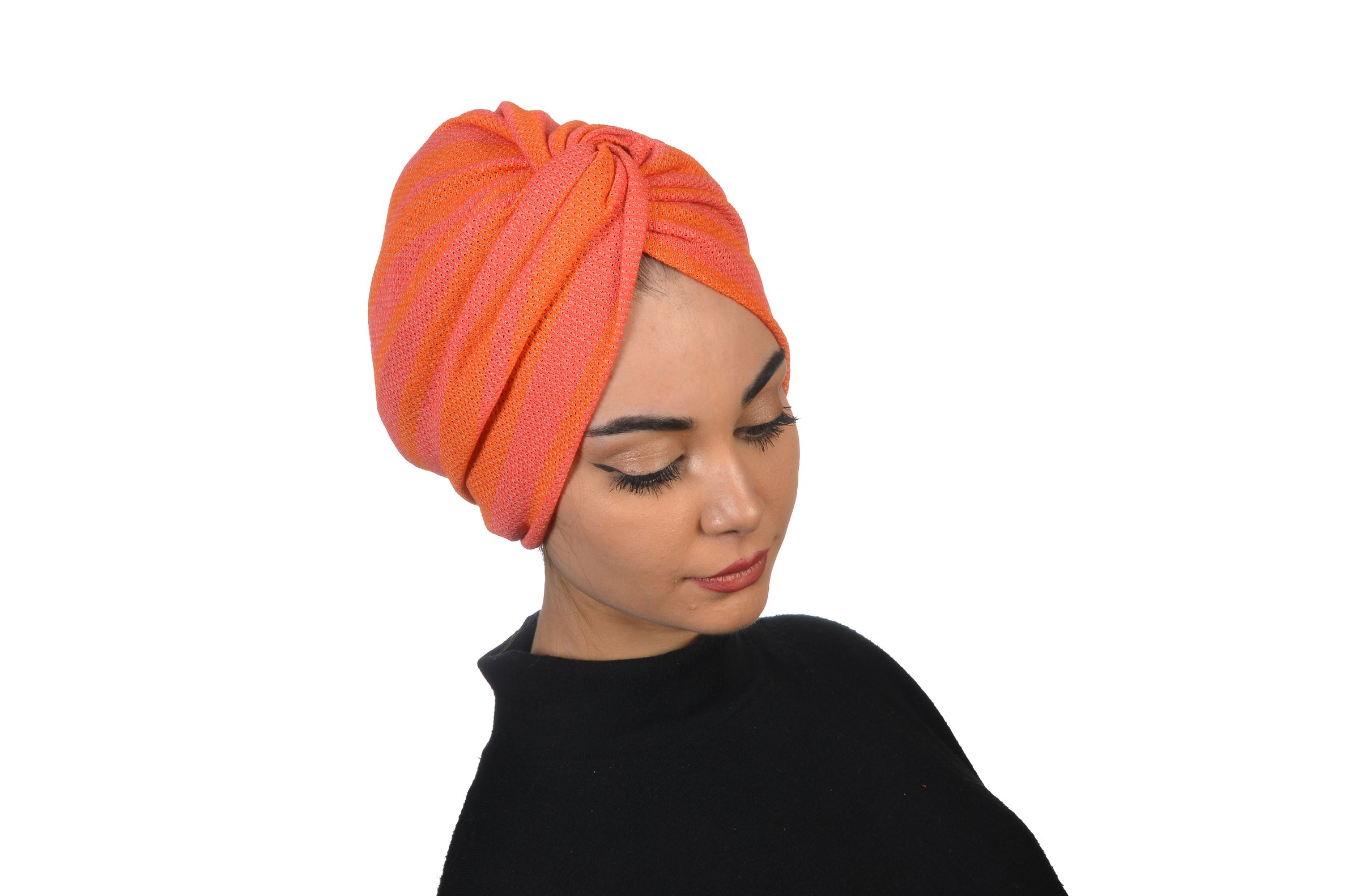 Twisted Beignet Pink Orange, Turuncu ve  Pembe Çizgili, Esnek Örme Kumaş, El Yapımı Bone