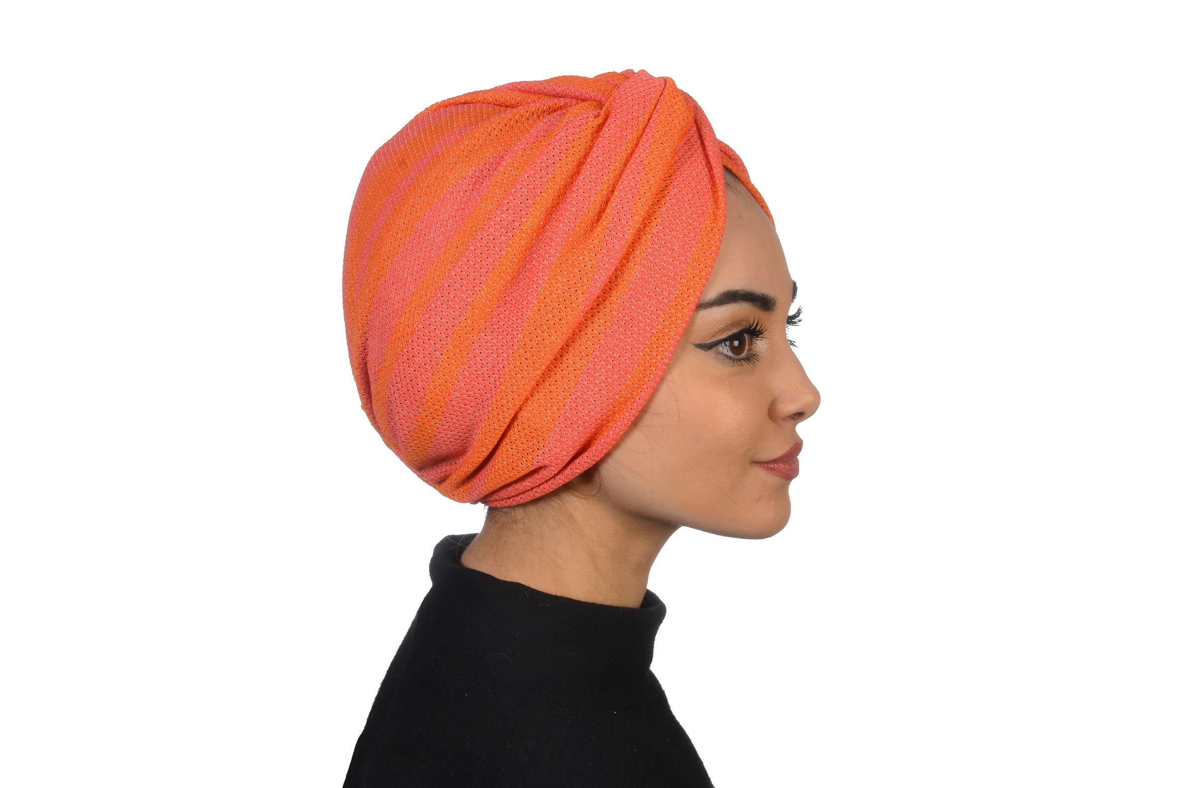 Twisted Beignet Pink Orange, Turuncu ve  Pembe Çizgili, Esnek Örme Kumaş, El Yapımı Bone