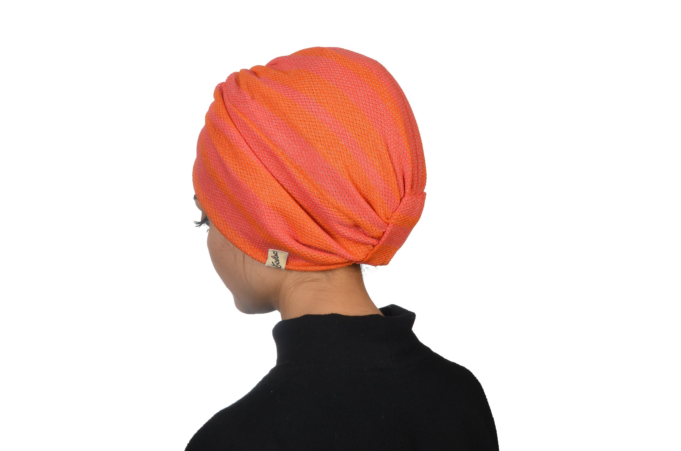 Twisted Beignet Pink Orange, Turuncu ve  Pembe Çizgili, Esnek Örme Kumaş, El Yapımı Bone